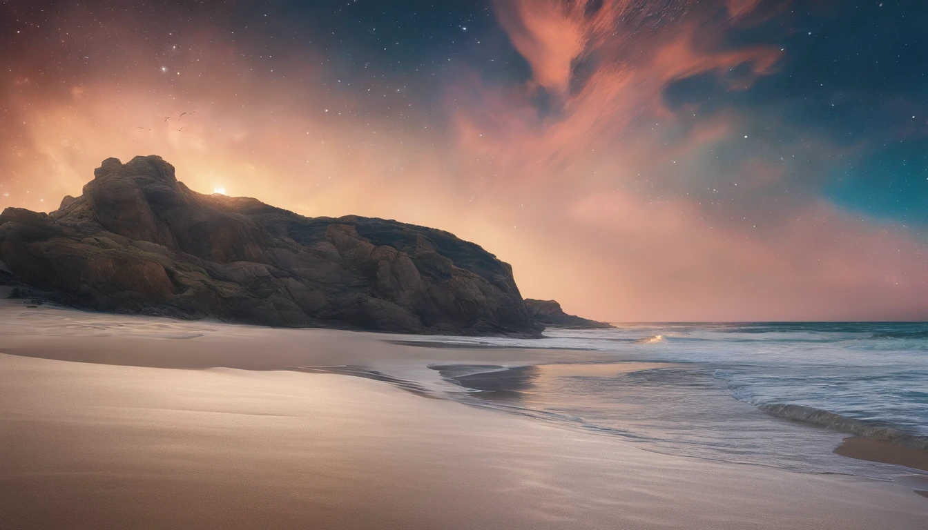 Planeta enorme, a noite, starly sky, Surrealismo, masutepiece, alta resolução、Impressive Milky Way:1.9、praia de areia、Vasto oceano azul、Geleira Azul、Raio:1.9