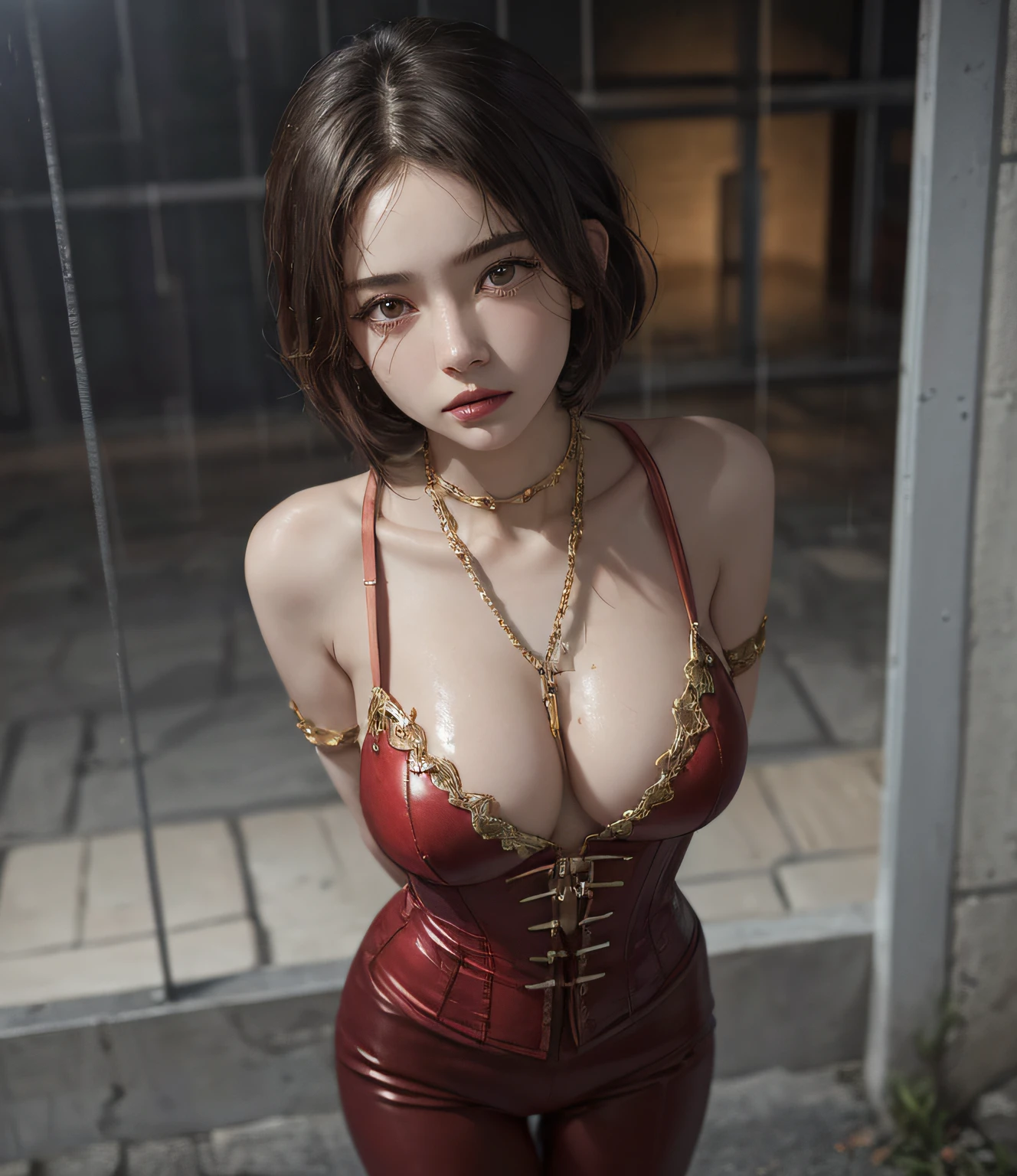Red corset, Bondage, face that seems to cry, Very short hair, BDSM, Slave, rubber, (in a prison cell), Woman in chains, Full body, ((arm behind back)), Chains tied to collars, ((Best Quality, 8K, masutepiece: 1.3)), Sharp Focus: 1.2, Beautiful woman with perfect figure: 1.4, Slender Abs: 1.2, ((layers-Cut , Big: 1.2)), (Rain, Street: 1.2), Wet body: 5.5, Highly detailed face and skin texture, Detailed eyes, Woman, A hyper-realistic、high-detail、the golden ratio、medium breasts