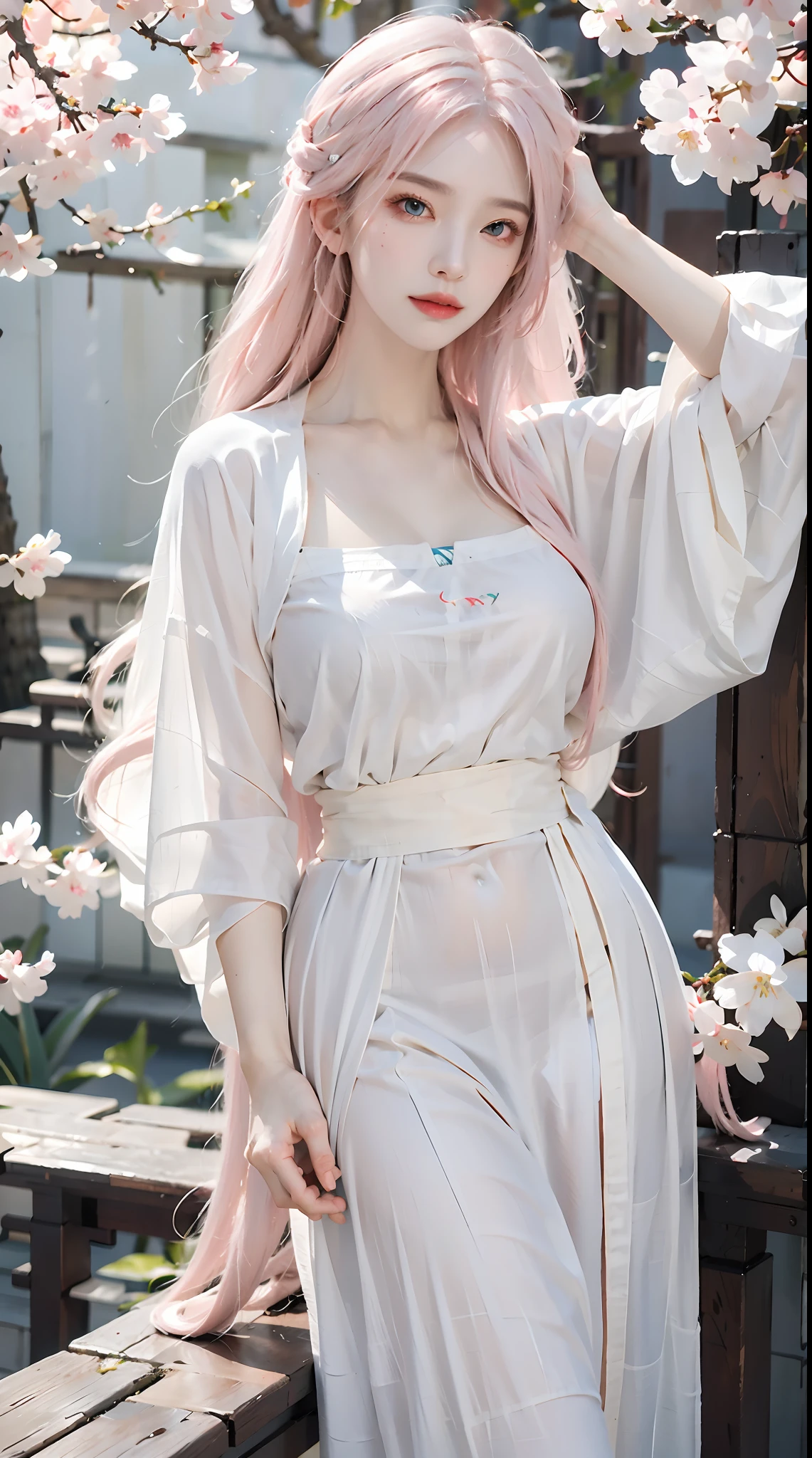 photorealistic, high resolution, 1women, shining skin, solo, hips up, tattoo, jewelry, pink lips, long white hair, blue eyes, closed mouth, red modern hanfu, cherry blossoms