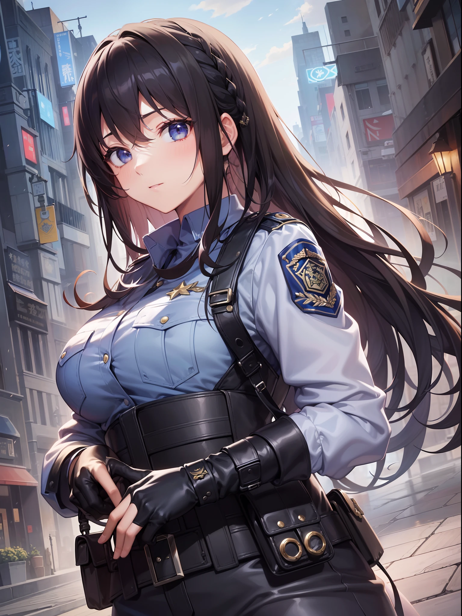 ((Finest quality)),(超A high resolution),(ultra-detailliert),((Best Anime)),sharpnes,vivid:1.1,The Art of Phenomenal Depictions, (1 female police officer),(A dark-haired,Long braided hair),