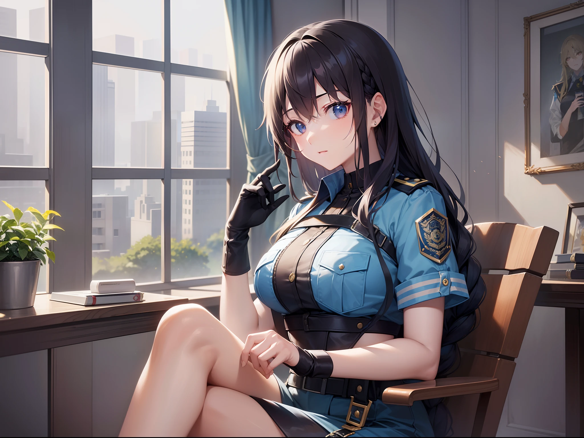 ((Finest quality)),(超A high resolution),(ultra-detailliert),((Best Anime)),sharpnes,vivid:1.1,The Art of Phenomenal Depictions, (1 female police officer),(A dark-haired,Long braided hair), Sitting on a chair