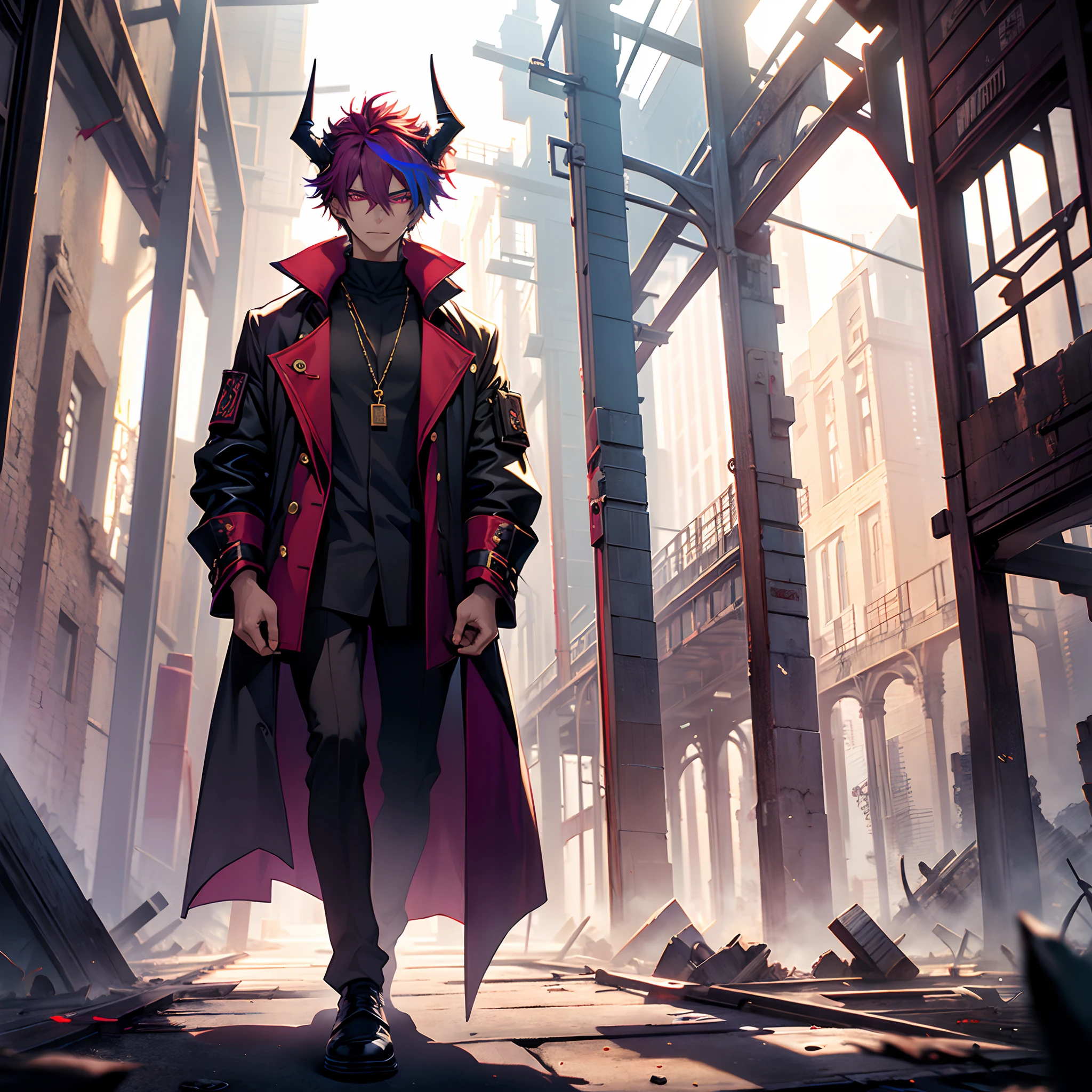 (ruined city),(shadows),(dark mist background),(purple mist),(masterpiece), (work of art), (amazing work), (detailed eyes), (delicate skin), (red eyes), (multicolored), (red hair ), (sparkling eyes), (1man),best quality, full body, expressive eyes, perfect face,hot, Man,thin, devil tail, horns,dark, shadows, incubus, demon tail, thin long demon tail, causal cloths, relaxing,handsome, fully dressed,