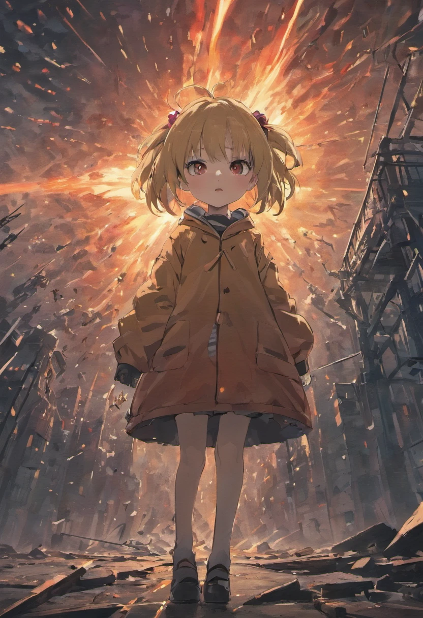 In front is the back of a little girl,Behind her is the scene of a nuclear bomb exploding,The end of the world,nuclear bomb,atomic bomb,H-bomb,Black red,wide angles,Look up,Big perspective,blasts,destroy