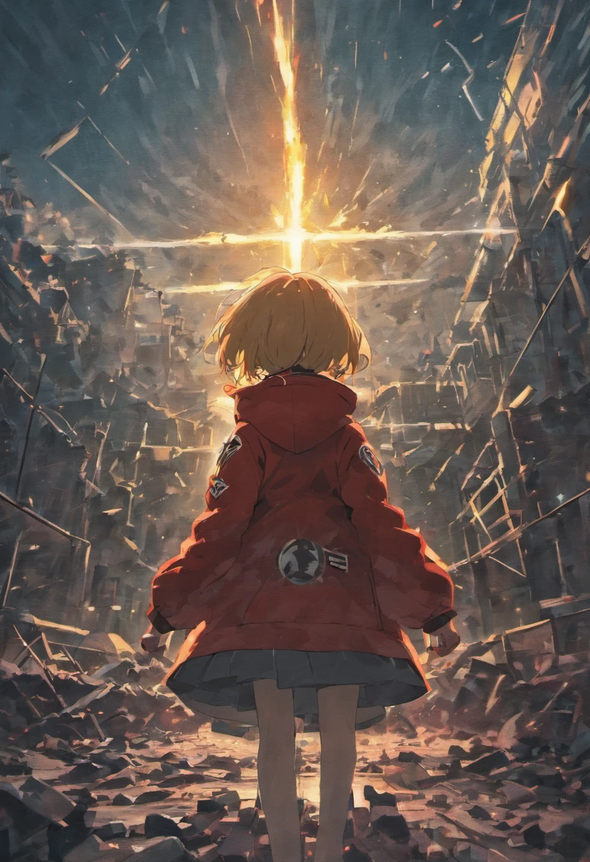 In front is the back of a little girl,Behind her is the scene of a nuclear bomb exploding,The end of the world,nuclear bomb,atomic bomb,H-bomb,Black red,wide angles,Look up,Big perspective,blasts,destroy