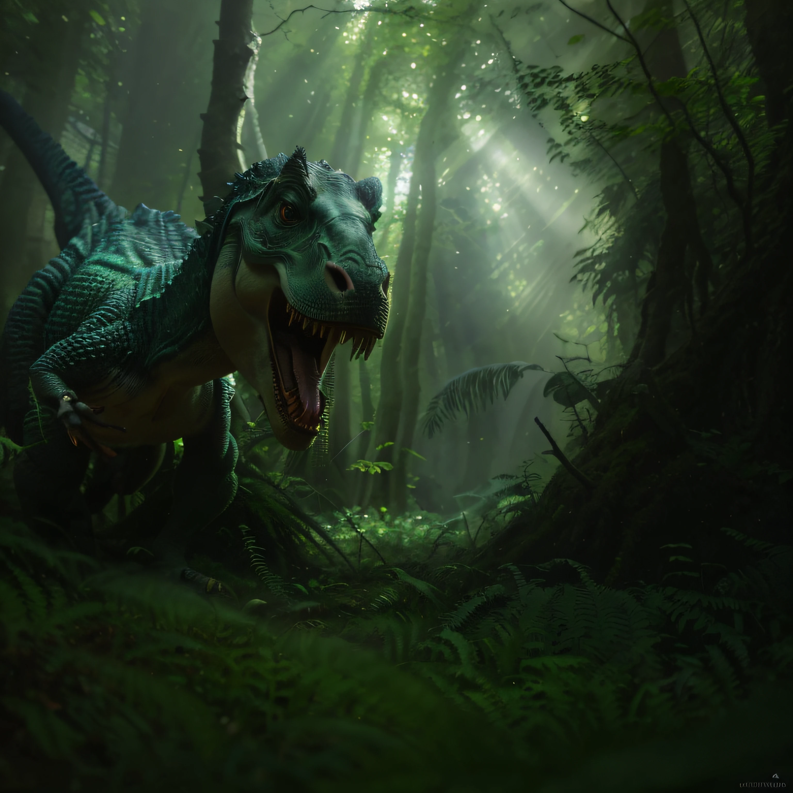 dinosauri nella foresta, oil painting, lush green ferns, towering ancient trees, majestic sunlight filtering through the canopy, realistic dinosaurs, vibrant colors, hidden waterfalls, ethereal mist, prehistoric atmosphere, detailed scales and textures, playful interaction between dinosaurs, distant mountains, mysterious shadows, captivating perspective, masterful brushstrokes, dramatic lighting, dynamic composition, vivid foliage, ancient moss-covered rocks, immense size and power, expressive eyes of the dinosaurs, exhilarating sense of adventure, realistic forest floor, dynamic movement, immersive depth, engaging storytelling through the scene. (best quality,4k,8k,highres,masterpiece:1.2), ultra-detailed, (realistic,photorealistic,photo-realistic:1.37), HDR, UHD, studio lighting, ultra-fine painting, sharp focus, physically-based rendering, extreme detail description, professional, vibrant colors, bokeh.