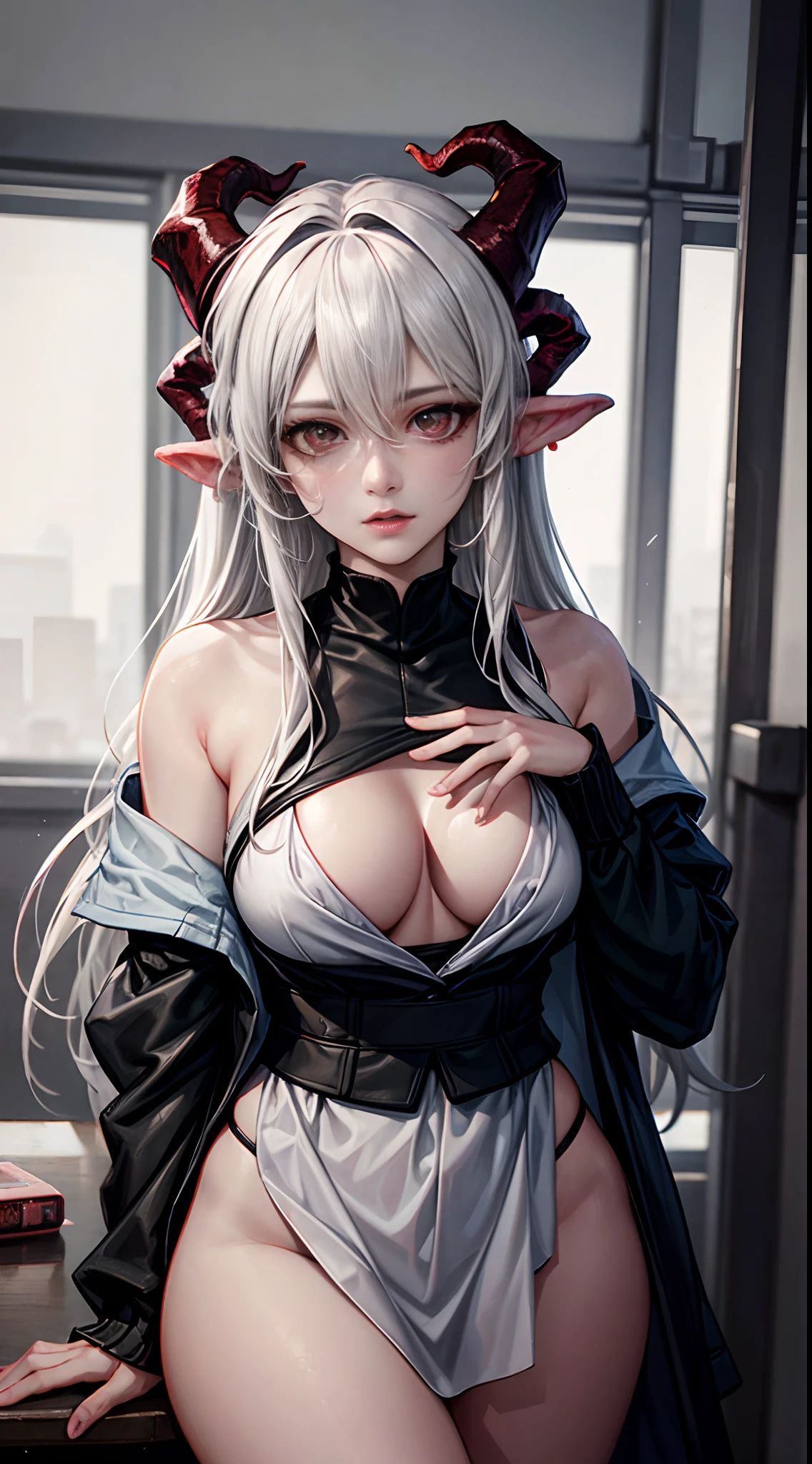 high school classroom, flowing in room, female devil with the horns, fire as background, White color hair, Off-the-shoulder attire, sexy student uniform, masterpiece, (high detail:1.1), Rough face, seductive, sexy pose, fashion model posing, Large breasts, Natural skin, high quality, NSFW, beautiful eyes, (Detailed face and eyes), (the face: 1 2), noises, Extra, real photograph, PSD, Lamp film photography, sharp focus, contrasty lighting, Delicate skin, High resolution 8K, insanely details, realistic-lying, professional photo shooting, 8K UHD, SLR camera shot, soft lighting, high high quality, film-grain, Fuji film XT3