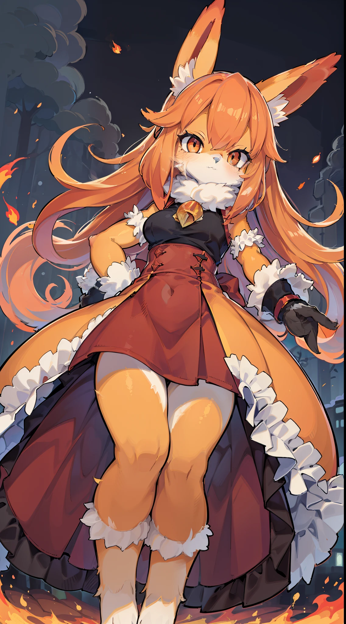 ((obra maestra, mejor calidad)),peludo, orejas de animal, cola, bodyfur, (ultra-detallado), (illustration), (ultra highres), (delicate illustration), (hiper detallado),1girl dressed in red with warm orange, contorno oscuro, fondo algo oscuro naranja, ojos naranjas