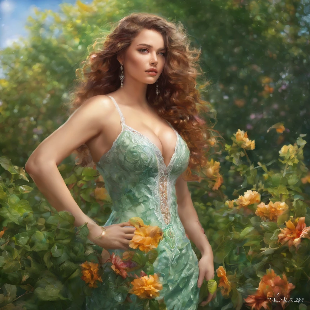 highres,realistic,young woman,curvy figure,voluptuous body,sensual pose,in a garden with blooming flowers,basking in sunlight,dressed in a flowing dress with vibrant colors,long flowing hair,green eyes,pouting lips,charming smile,big breasts,big buttocks perky,firm,standing confidently,with a playful expression,dewdrops on leaves,soft lighting adding a warm glow,portrait,impressionist style,vivid colors,blurred background,masterpiece:1.2