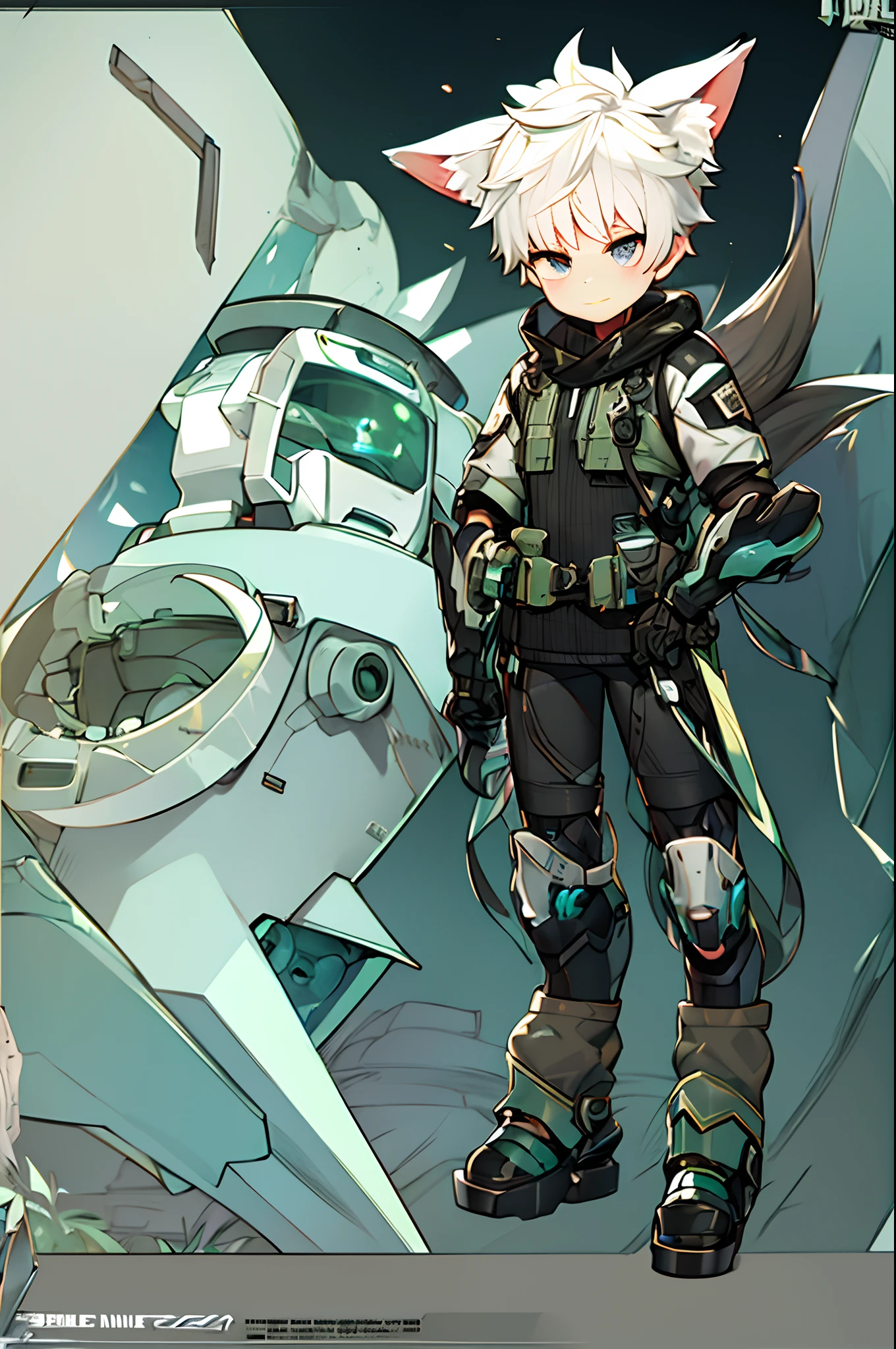 Game CG，8K quality，((younge boy))，Sense of childhood，Anime male protagonist，Wolf ears，Beast tail，Handsome face，Tactical communication goggles，Silvery-white and sky blue dyes，Future Tech Warframe，Back of manipulator，Mechanical combat boots，Full body like，Spread your legs，Defeat，corrupted，Sit down on the ground，Inside the Cosmic Future Factory