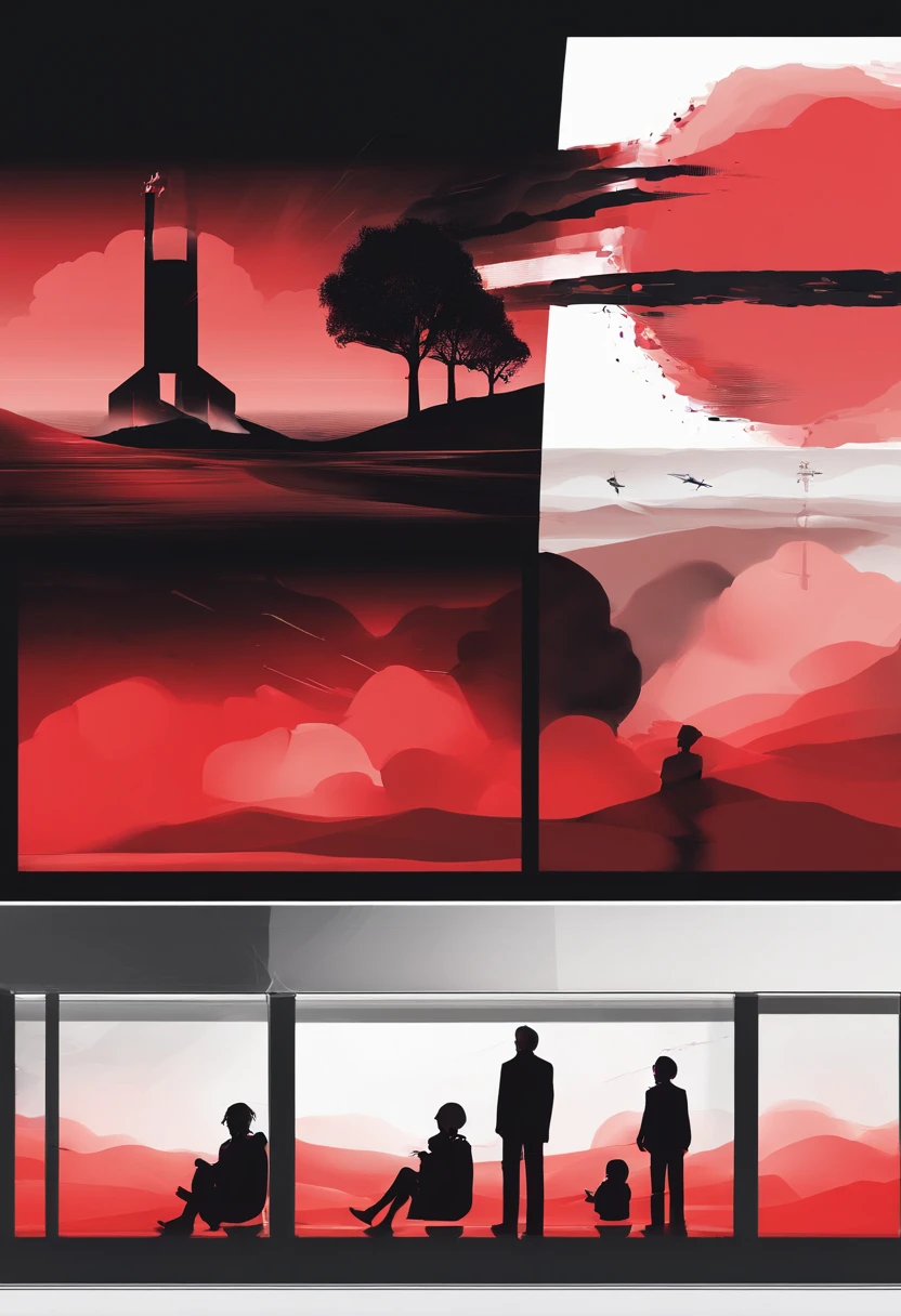 There is a 's back,Behind her is the scene of a nuclear bomb exploding,It was a black-red explosion,The end of the world,nuclear bomb,atomic bomb,H-bomb,Black red,wide angles,Look up,Big perspective,blasts,destroy