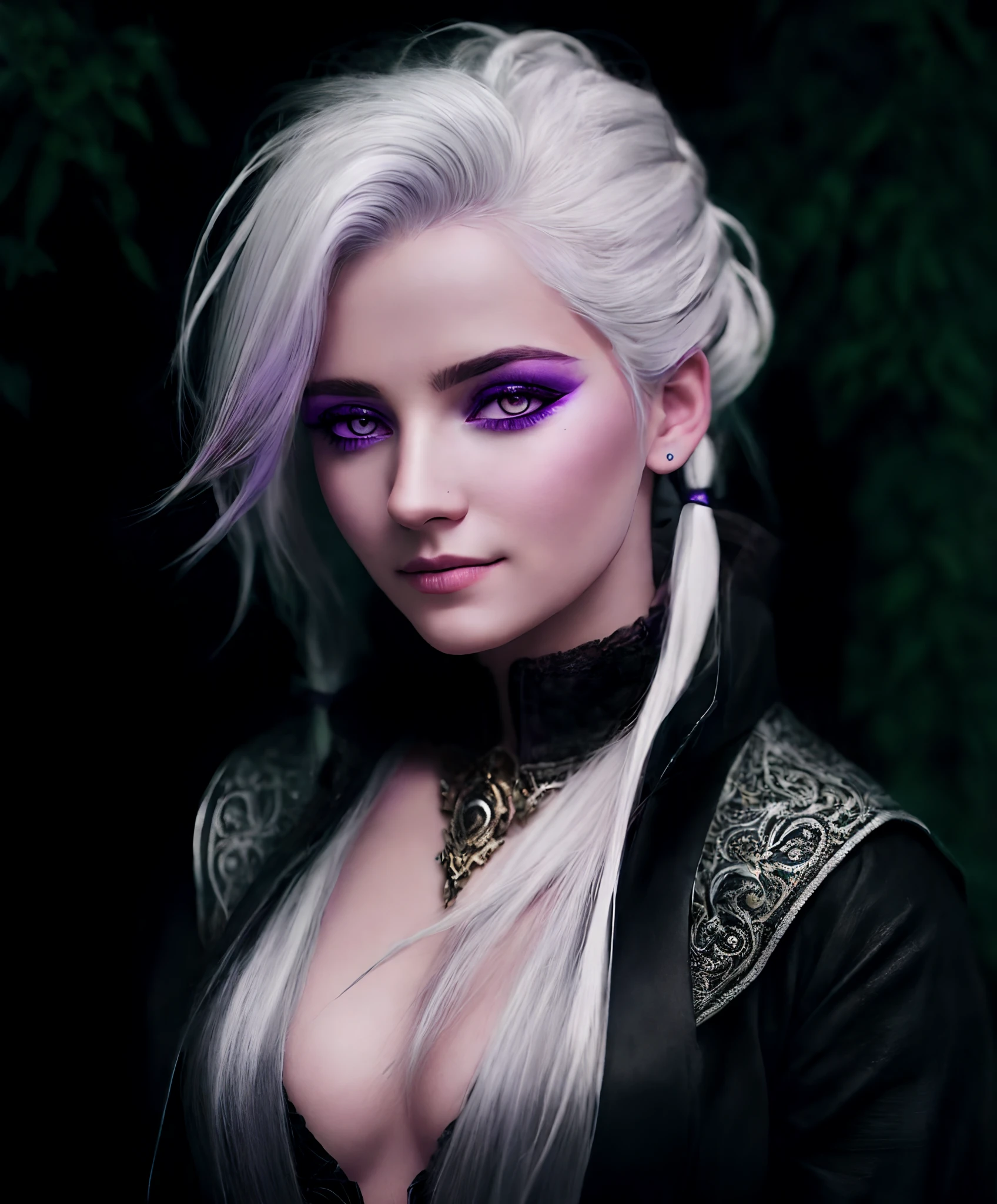 A woman, white hair, wearing bard clothes. Her iris is purple. No makeup