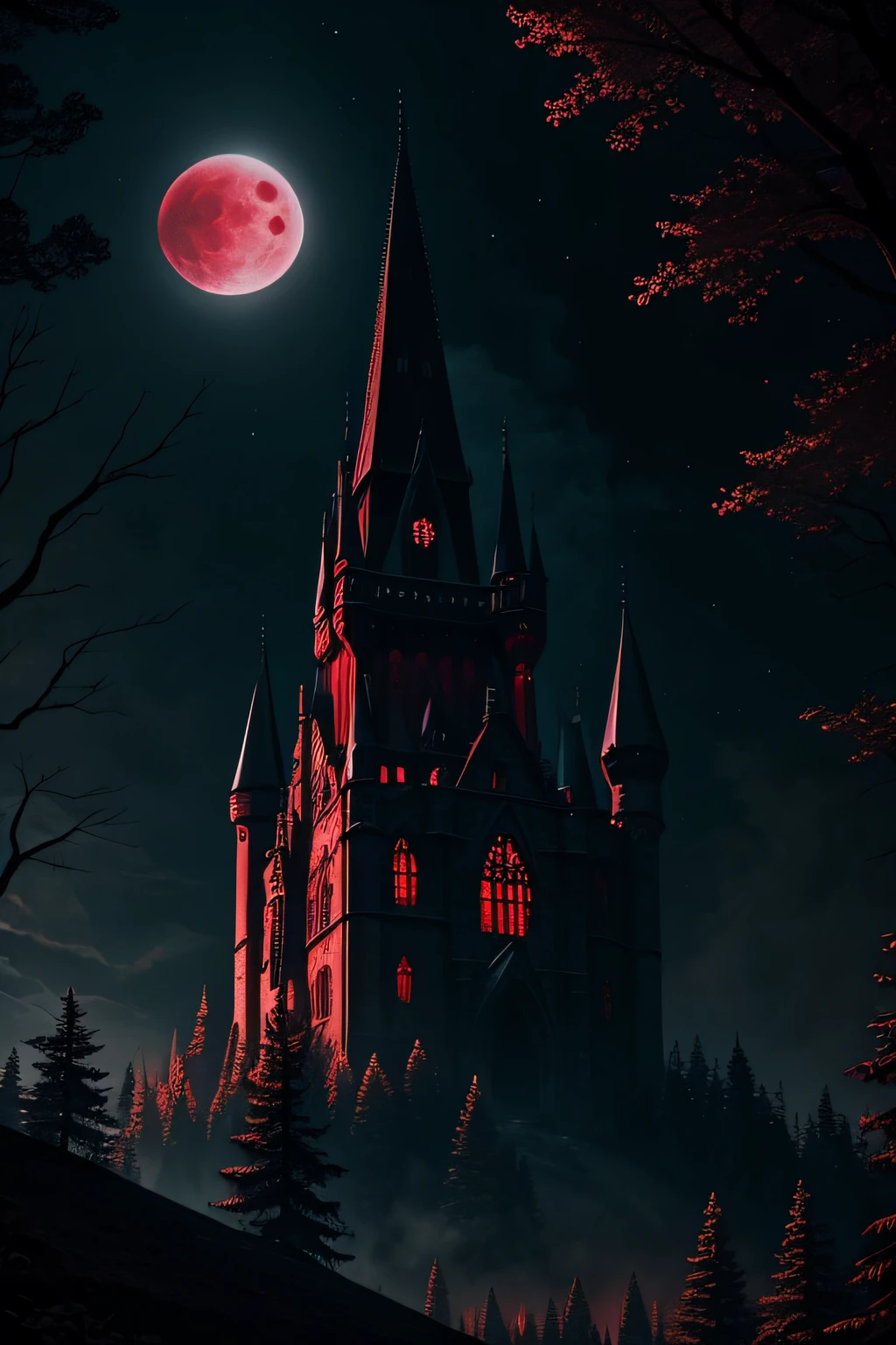 An old Gothic castle that stands in an old dark forest. There is a red moon in the sky