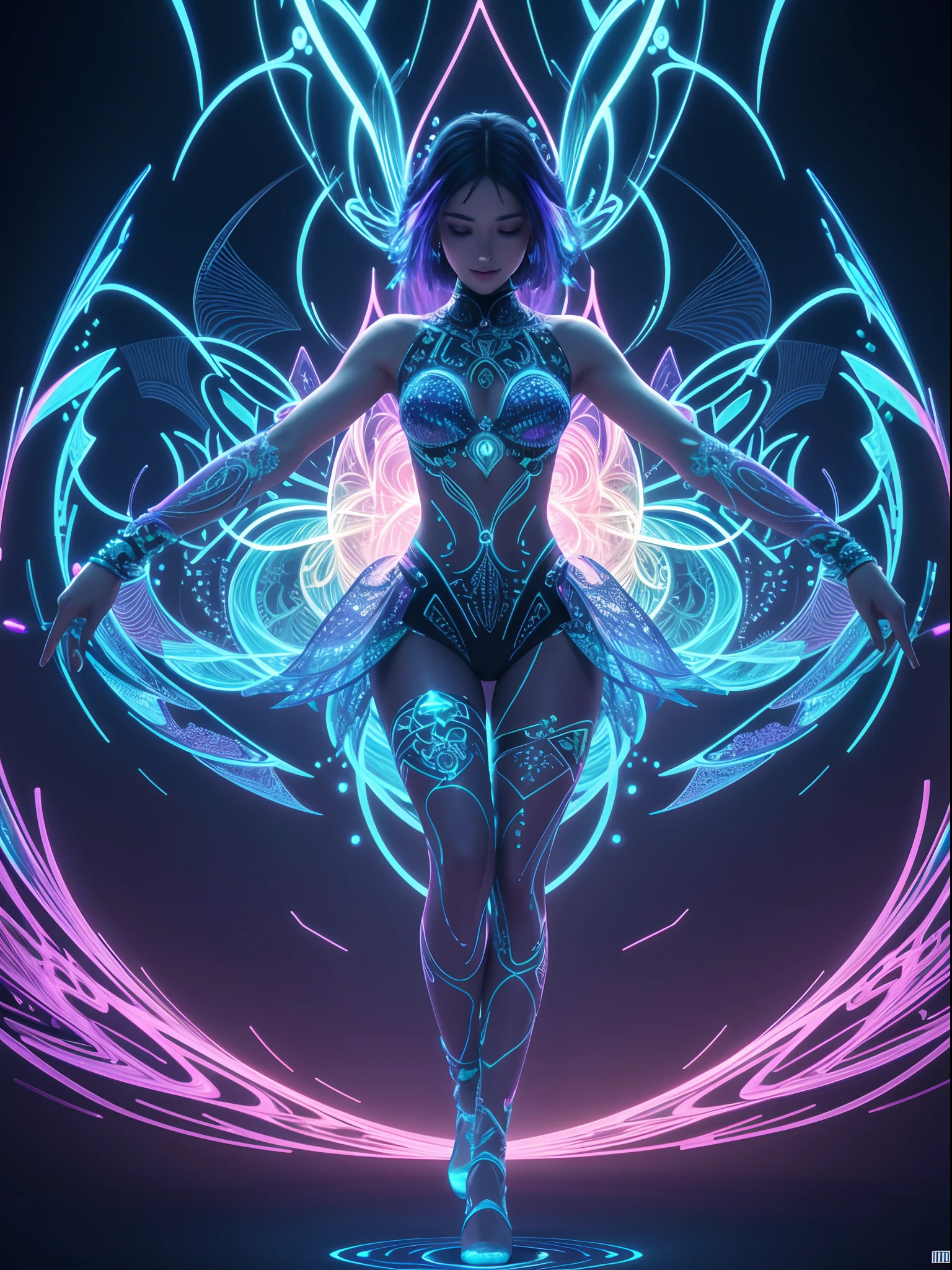 vivid digital 3d image of a holographic fractal ecstatic dancing woman with electronic circuits, intricate radiant Greeble details