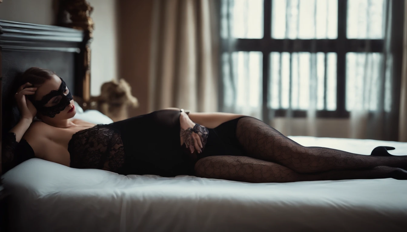 sexy woman in black pantyhose on a bed wearing a black lace eye mask