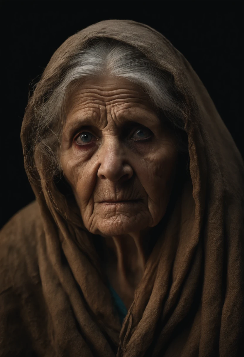 elderly woman, withered, blind in both eyes, torn clothes, dry skin, detailed, eyes forward, horror film, all dark background, battered, realistic, 8k, ultra real , very ugly , mystical