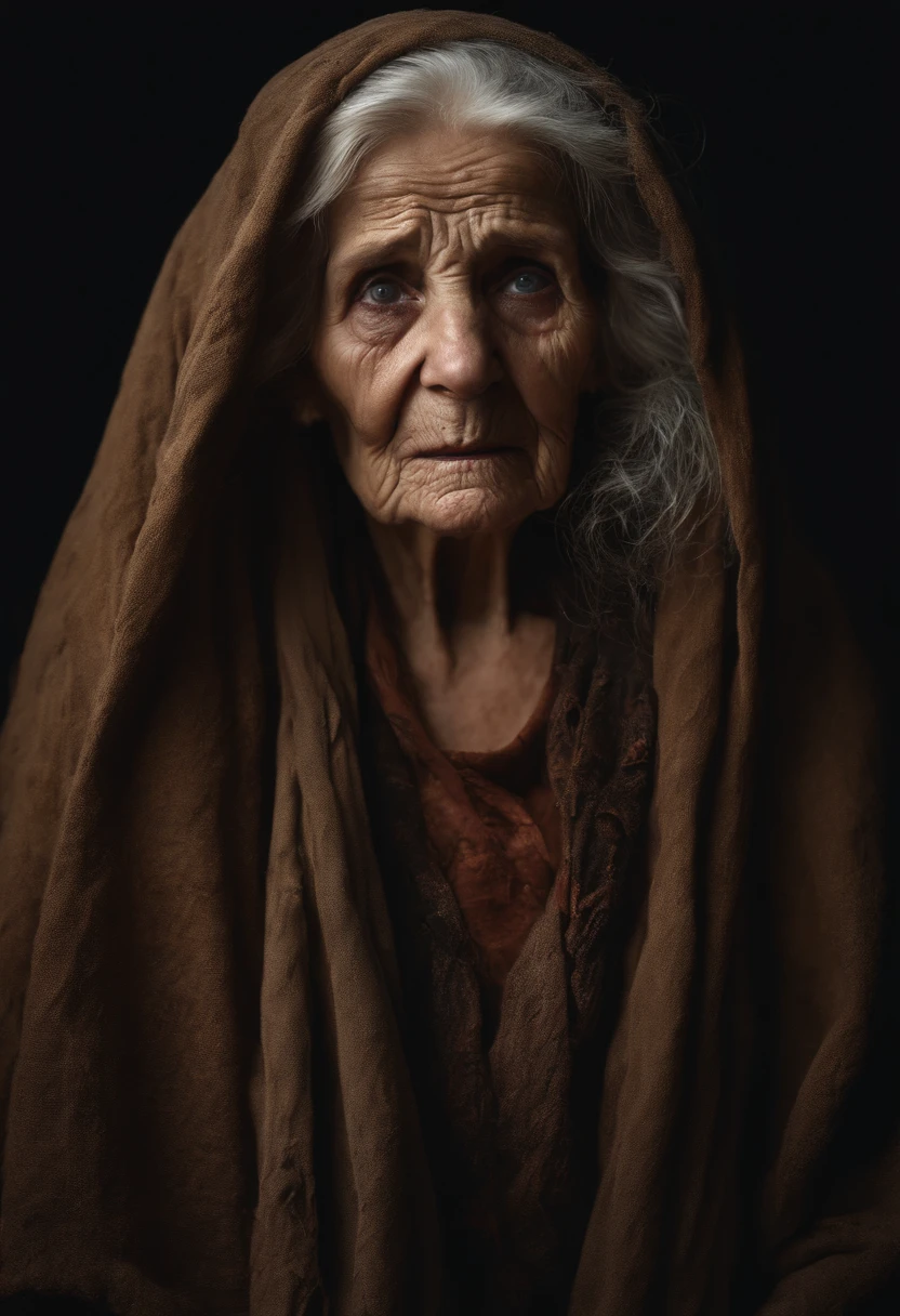elderly woman, withered, blind in both eyes, torn clothes, dry skin, detailed, eyes forward, horror film, all dark background, battered, realistic, 8k, ultra real , very ugly , mystical