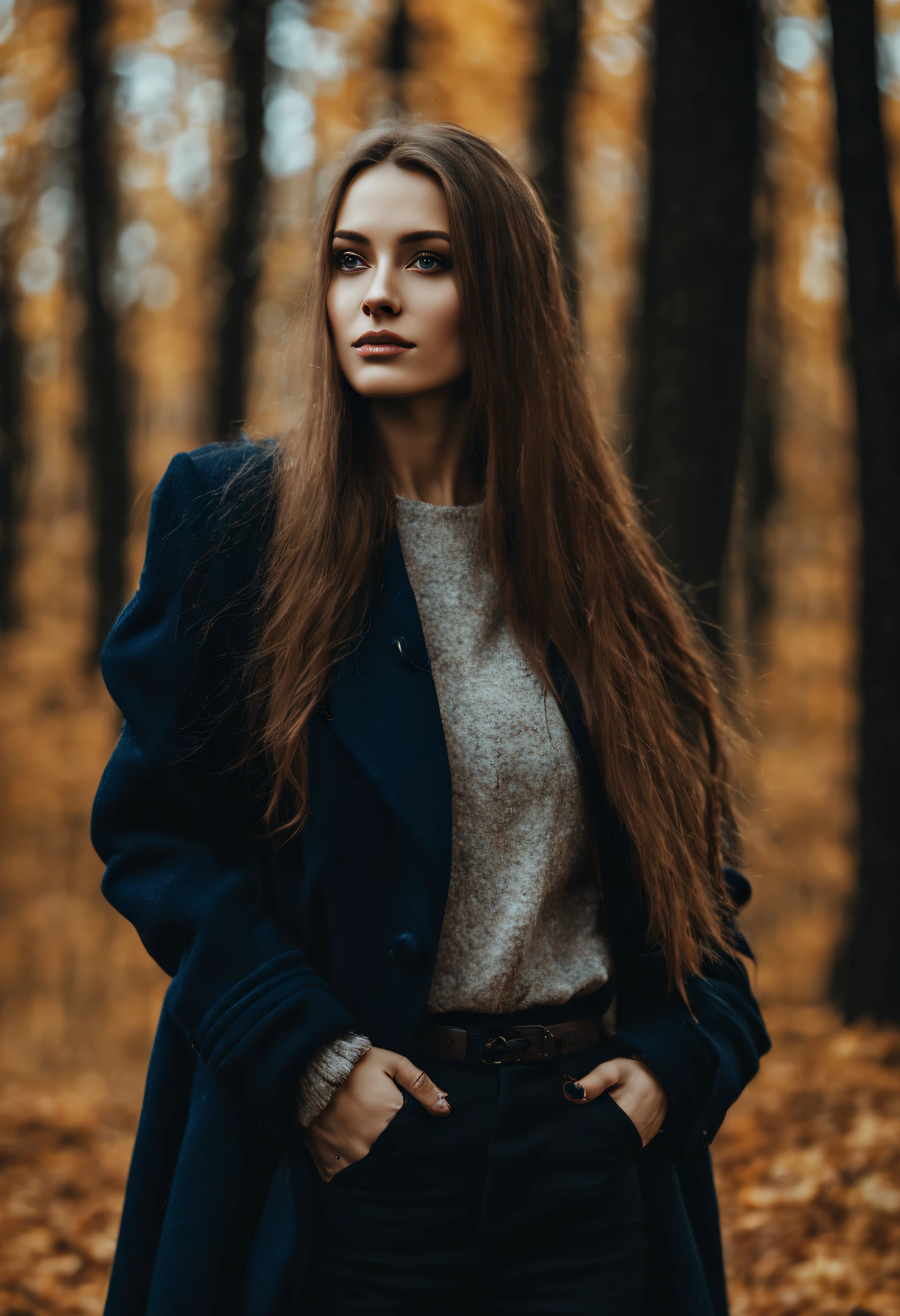 beautiful Slavic woman with long hair in the autumn forest, simple stylish clothes without decorations, dark blue woolen coat