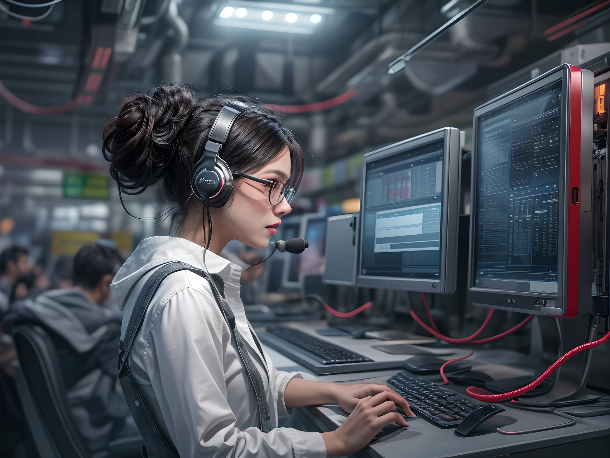 photograph, RAW, , Best Detailed, picture of a tech wizard, there is a woman sitting working on the commuters in a large room, with 4 computer screens, she  has the best computer equipment, she sits in a high tech room, she has black hair in a bun, she wears headset, and microphone, rimmed glasses, wearing white shirt, wearing red skirt, wearing high heels, high tech laboratory background, ultra best realistic, best details, best quality, 16k, [ultra detailed], masterpiece, best quality, (extremely detailed), ultra wide shot, photorealism, depth of field, hyper realistic painting,