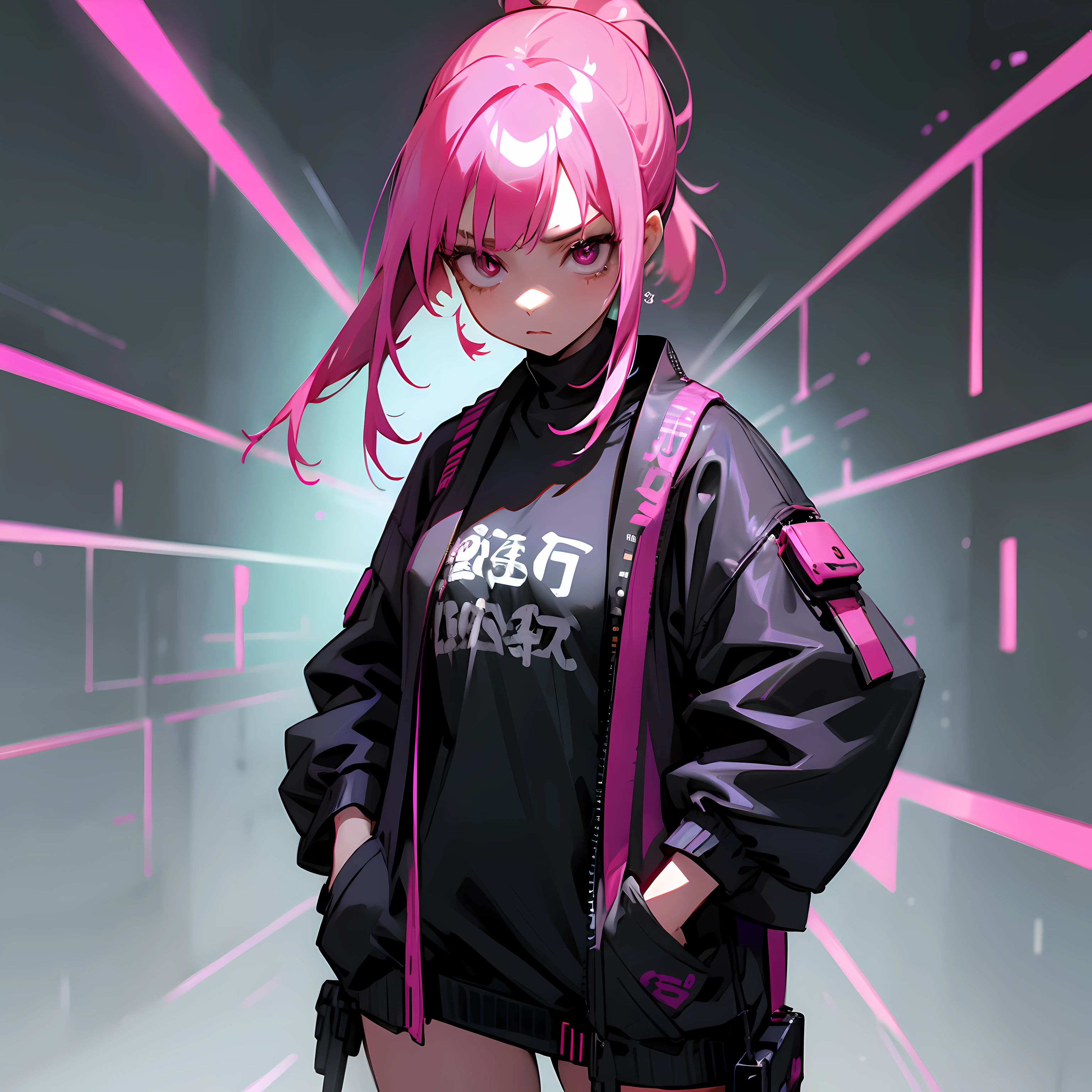 Cyberpunk, luzes neon,cabelo rosa,roupa ciberpunk,corpo inteiro, Japanese Hair Mask,1 girl, beco de rua, roupas ciberpunk, hands in a pocket, olhando para o telespectador, passionate expression, adulto,30 anos