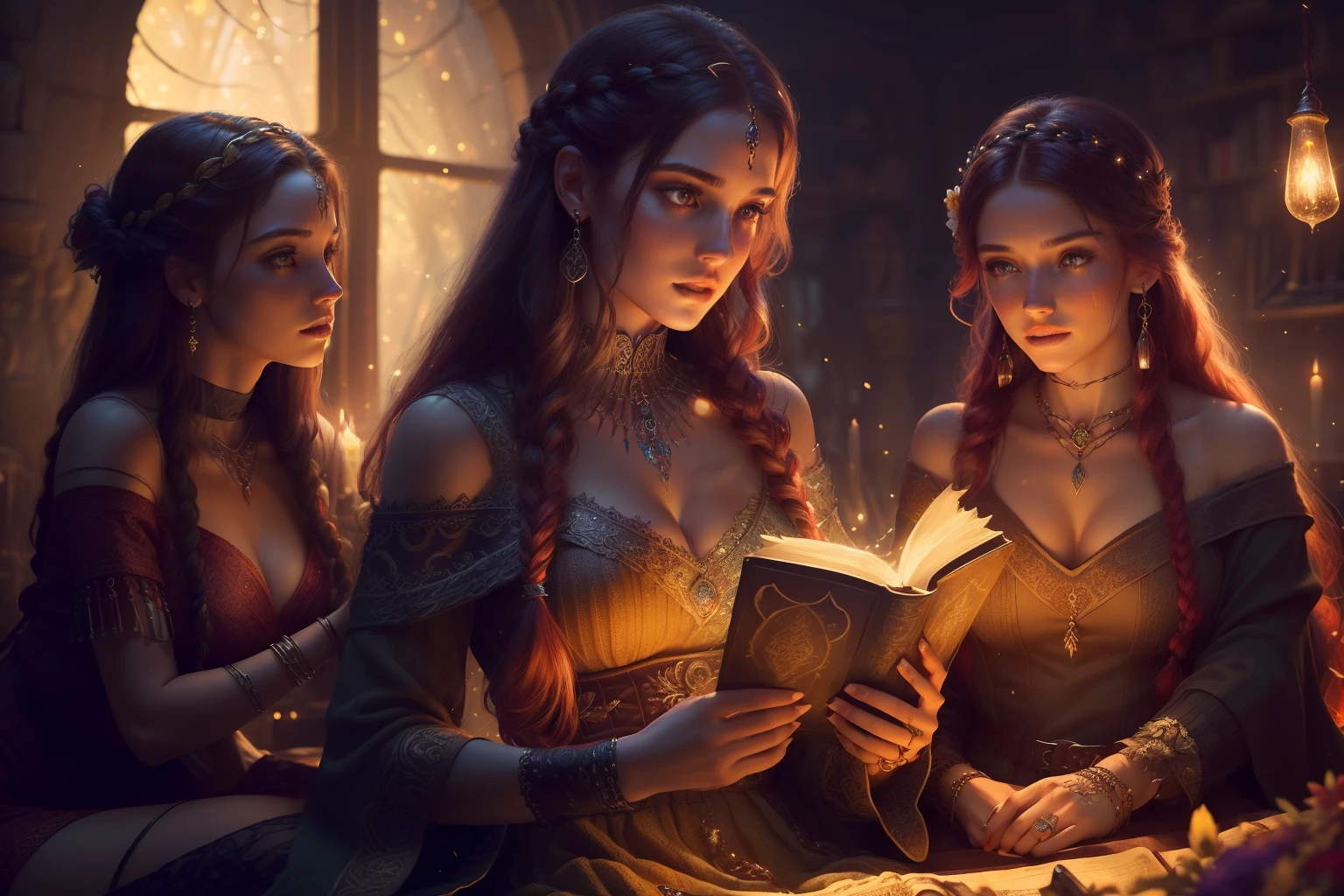RAW professional photograph of a (1male barbarian Chad) surrounded by (((2women girlfriends, absolute reigning goth punk forest goddess Queen of witches. Masterpiece. 8k artstation. Perfect facial and body anatomy proportions. She has a pretty Irish face and slim athletic body. Wise expression. Wide athletic hips. and very long messy braided red hair. She is covered with occult tattoos. and lots of jewelry. and flowers in her hair. She wears an opulent off shoulder Gothic knit sweater dress that is regal and elegant and suggestive. Wearing a pretty circlet in her hair. Stockings. Incredible detail to clothing texture and pattern.))) Setting: fantasy, a deceadent mansion study with a large chair. Surrounded by books and glowing potions and candles. She reads an ancient book and dazzling balls of lights and colors surround her. Fireflies. Autumn. Big window. Blurry background, colorful, bokeh effect, god rays, dynamic pose, raytracing, backlight, subsurface scattering, closeup, dynamic, seductive, Flirtatious, oil painting with beautiful brush strokes