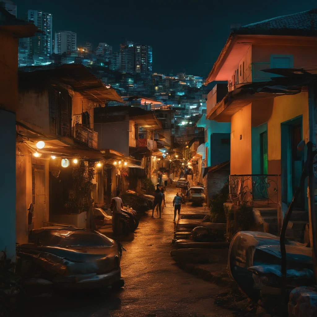 Realismo pessoas de branco nas ruas, de noite, neon, Favela Rio de janeiro futurista, realismo, hiper realismo, qualidade ultra, casas favela neon, futurismo, futurista , primeiro plano, noite.