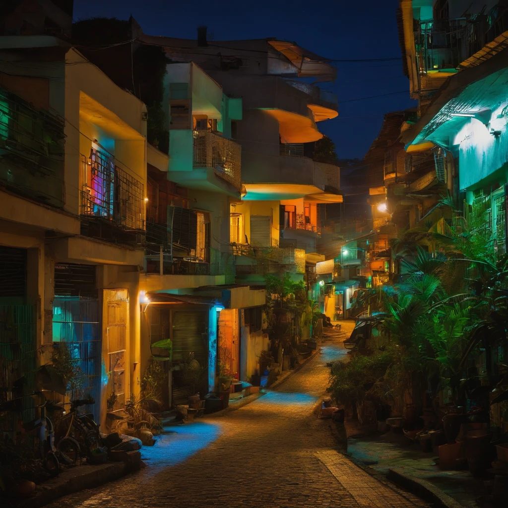 Realismo pessoas de branco nas ruas, de noite, neon, Favela Rio de janeiro futurista, realismo, hiper realismo, qualidade ultra, casas favela neon, futurismo, futurista , primeiro plano, noite.