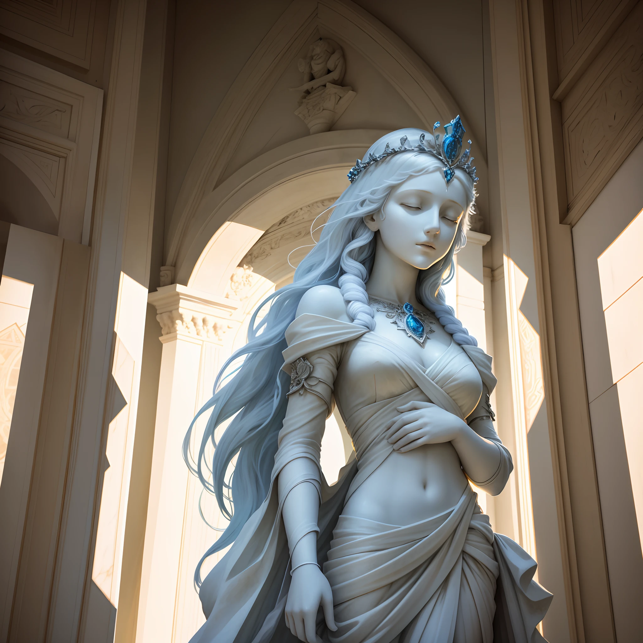 （（best qualtiy））， （（tmasterpiece））， （A detailed）， Marble fresco statue， （（（（Ancient marble carvings）））） Woman shape on the wall，s girl，darkly， particulate， marbled， Closed eyes， tiara crown， Cracked statue， f / 1.2， 85mm lens， photographed with a nikon d850， Detailed lighting， （（photore，reallife）））， Dramatic lighting， dramatics， （（Macro embroidery color space））， depth of fields， Archaeological photography，Cool color grading，White marble hair，White marble skin，White marble，（（（without humans））），rays of moonlight，（（（cold lighting）））