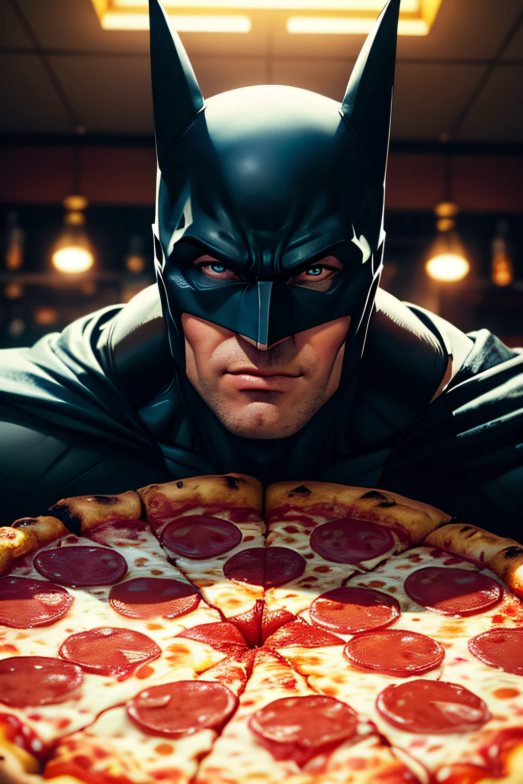 Batman, happy, in a beautiful, well-lit pizzeria, ready to eat a pepperoni pizza, looking straight ahead with the viewer with his head in close-up