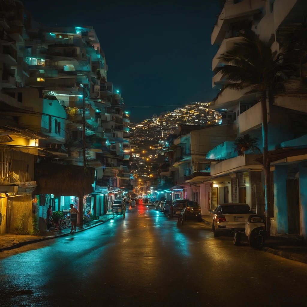 Realismo, muitas pessoas de branco nas ruas, de noite, neon, Favela Rio de janeiro futurista, In the background, giant futuristic buildings, light neon lit floor, realismo, hiper realismo, qualidade ultra, casas favela neon, futurismo, futurista , primeiro plano, noite.