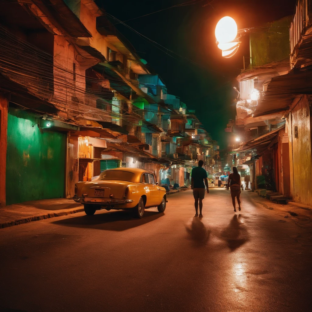 Realismo, muitas pessoas de branco nas ruas, de noite, neon, Favela Rio de janeiro futurista, In the background, giant futuristic buildings, light neon lit floor, realismo, hiper realismo, qualidade ultra, casas favela neon, futurismo, futurista , primeiro plano, noite.