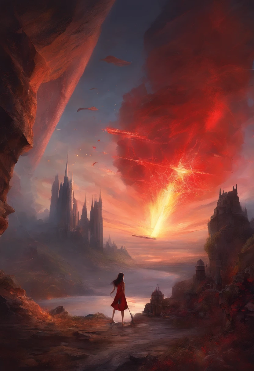 There is a little girl's back，Behind her is the scene of a nuclear bomb exploding，The end of the world，nuclear bomb，atomic bomb，H-bomb，Black red，wide angles，Look up，Big perspective，blasts，destroy