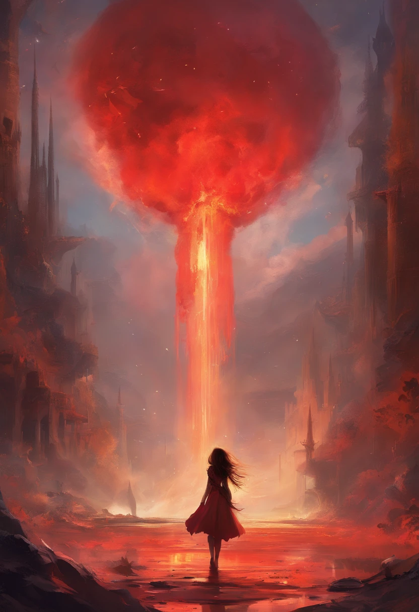 There is a 's back,Behind her is the scene of a nuclear bomb exploding,The end of the world,nuclear bomb,atomic bomb,H-bomb,Black red,wide angles,Look up,Big perspective,blasts,destroy