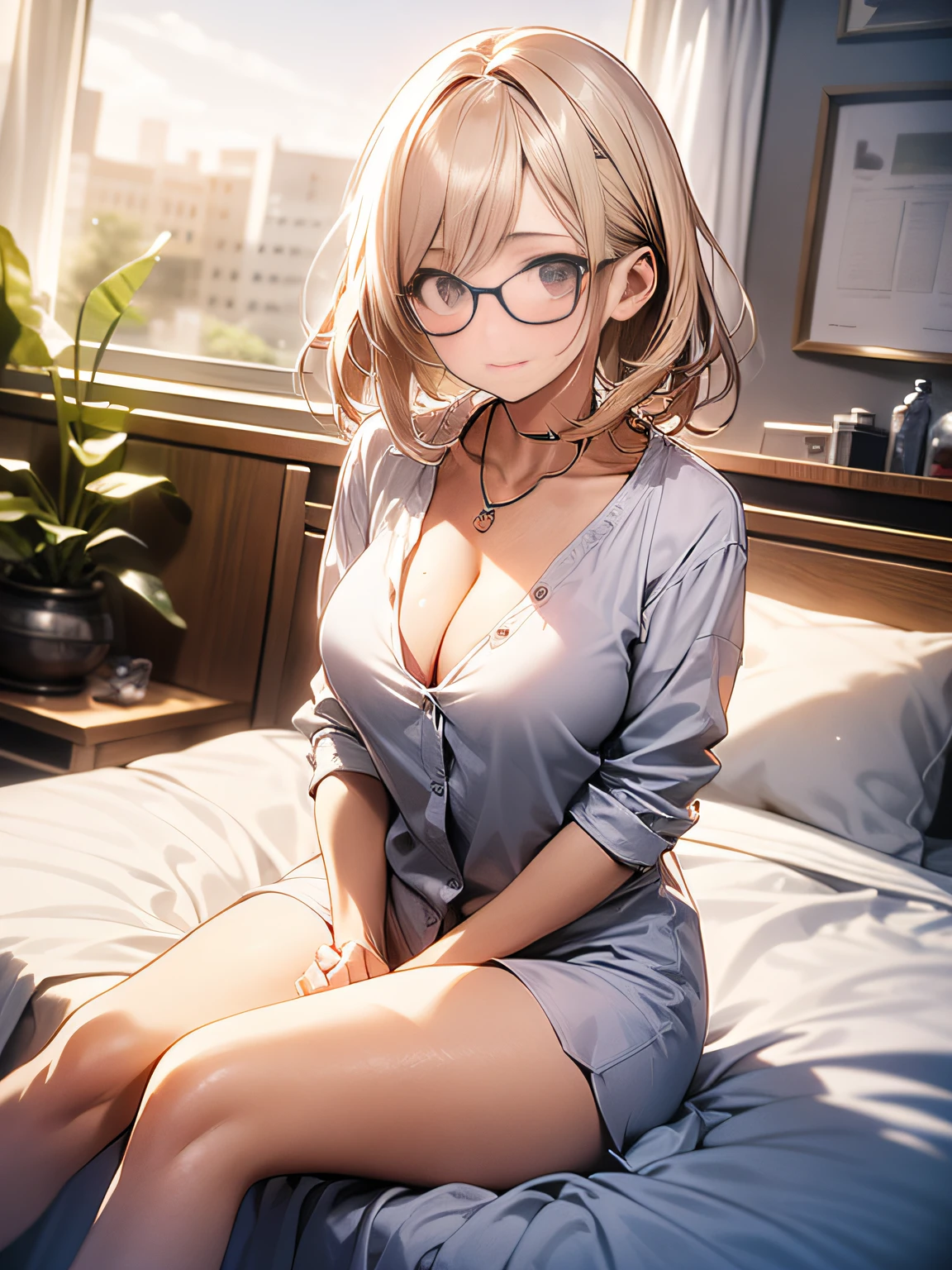 in 8K、top-quality、​masterpiece、ultra-detailliert、Ultra-high resolution、Fine eye shine、((1 persons))、girl with、a blond、floated hair、makeups、a necklace、Big round lens glasses、Medium chest、Long shirt without buttons、White underwear、cleavage of the breast、(((Sit on the bed)))、embarrassed from、Kamimei
