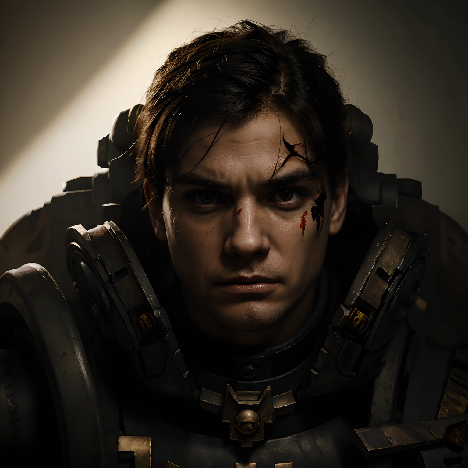 Guardsmen, male, solo, bolter, bloody, afraid expression,