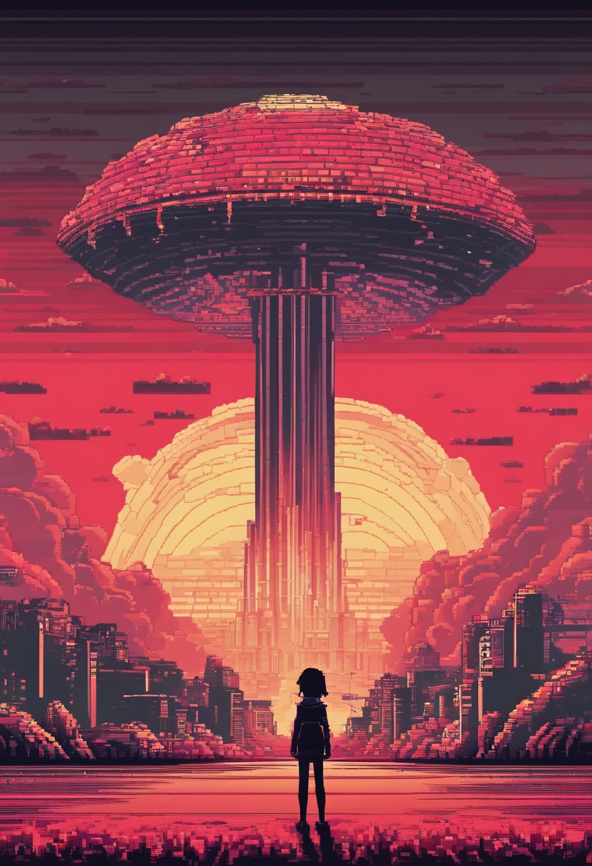 There is a little girl's back,Behind her is the scene of a nuclear bomb exploding,The end of the world,nuclear bomb,atomic bomb,H-bomb,Black red,wide angles,Look up,Big perspective,blasts,destroy