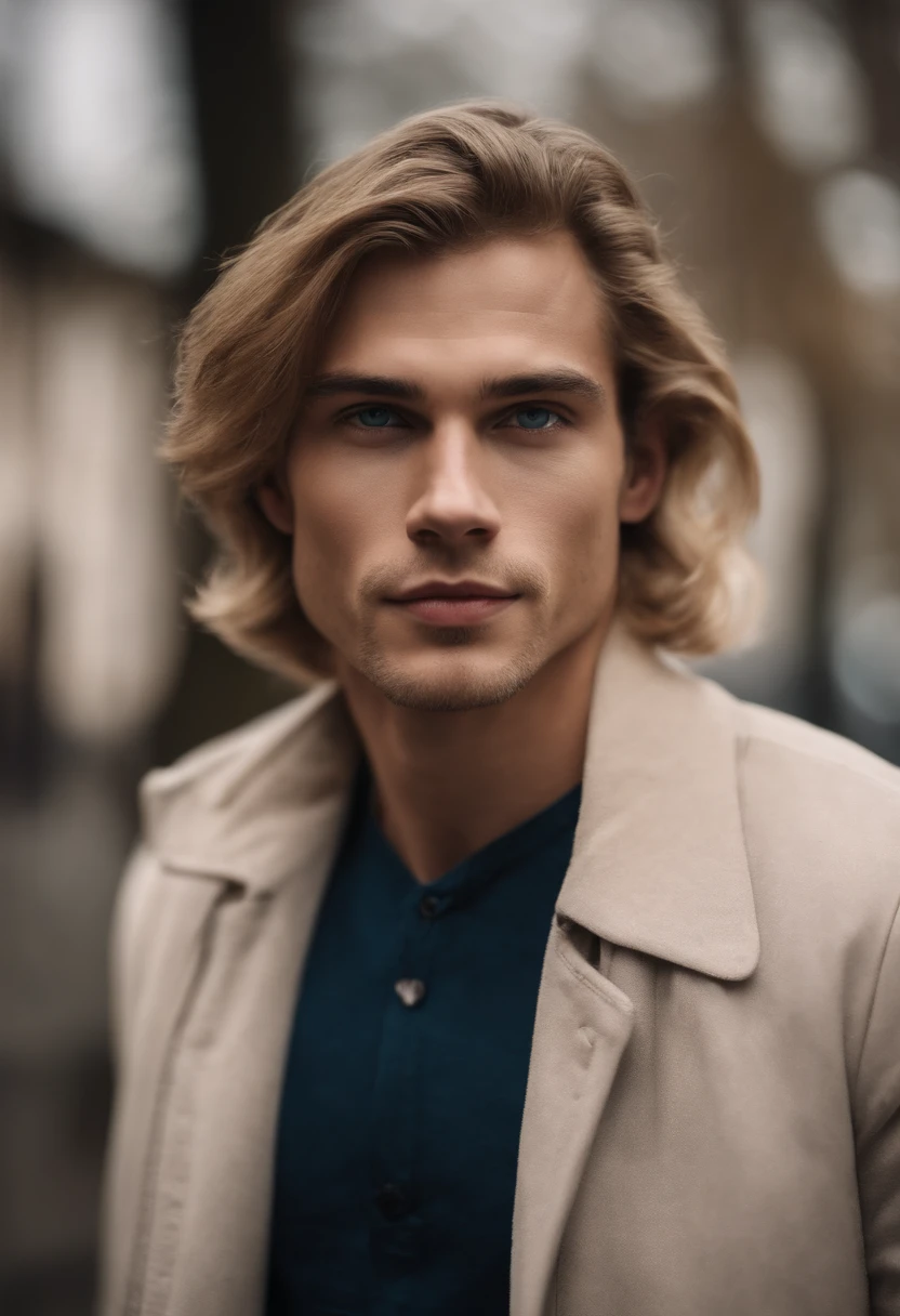 Male model, blonde hair, blue eyes, smiling. skinny