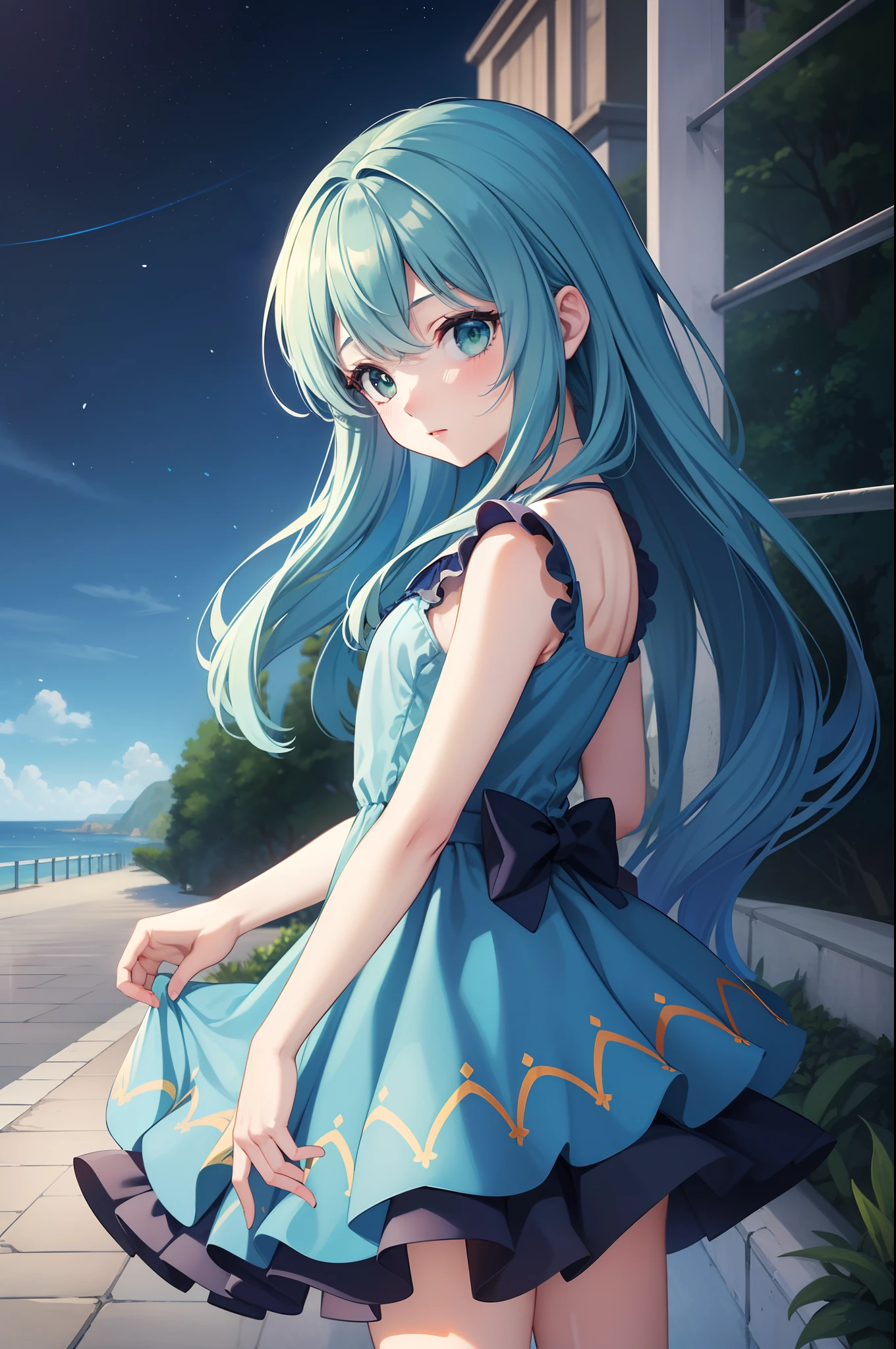 1 girl in、Blue Long Hair、Twin-tailed、Green eyes、evening、Drawn from a specific angle、Looking at the camera、delicate finger、beautiful ilumination、fuffy dress、Navy blue skirt,Outdoor scene in the background、(High resolution of the highest quality)、((Masterpieces of the highest quality:1.2))