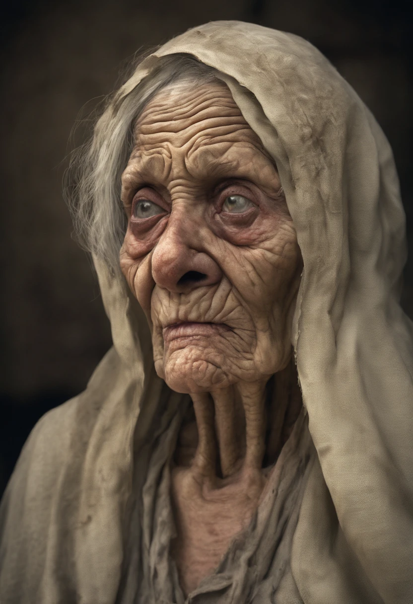 Very old woman, it looks like a corpse, metade de seu rosto deformado, olhar irritado, cabelos grisalhos curtos, pale wrinkled skin, pupila amarela, postura curvada, olhar penetrante e maligno, longo manto preto, Roupas rasgadas, Manto de penas de corvo nas costas, lado esquerdo do corpo coberto com faixas e capuz, lugar escuro, horror, medo, assustador, suspense, Misterioso, filme de terror