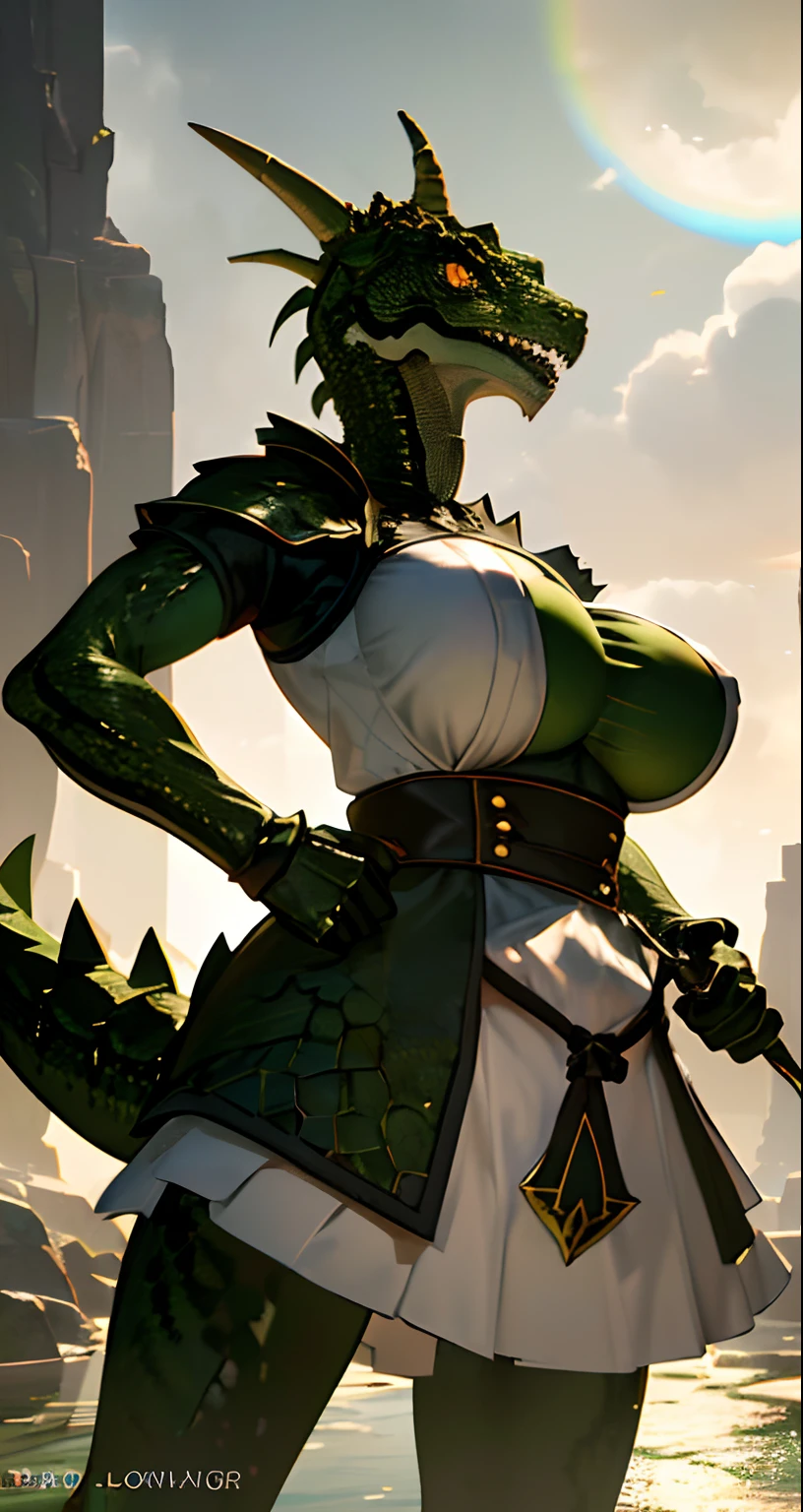 show whole body, anime, hdr, soft lighting, masterpiece, best quality, (colorful), (sharp eyes and face), argonian, 1girl, bandit armor, lather armor, sharp teeth, tail, (scales:1.1), rainbow color scales, Big boobs, Huge breasts, snout, animal nose, yellow eyes, (looking at viewer:1.1), outdoors, swamp, holding a dagger