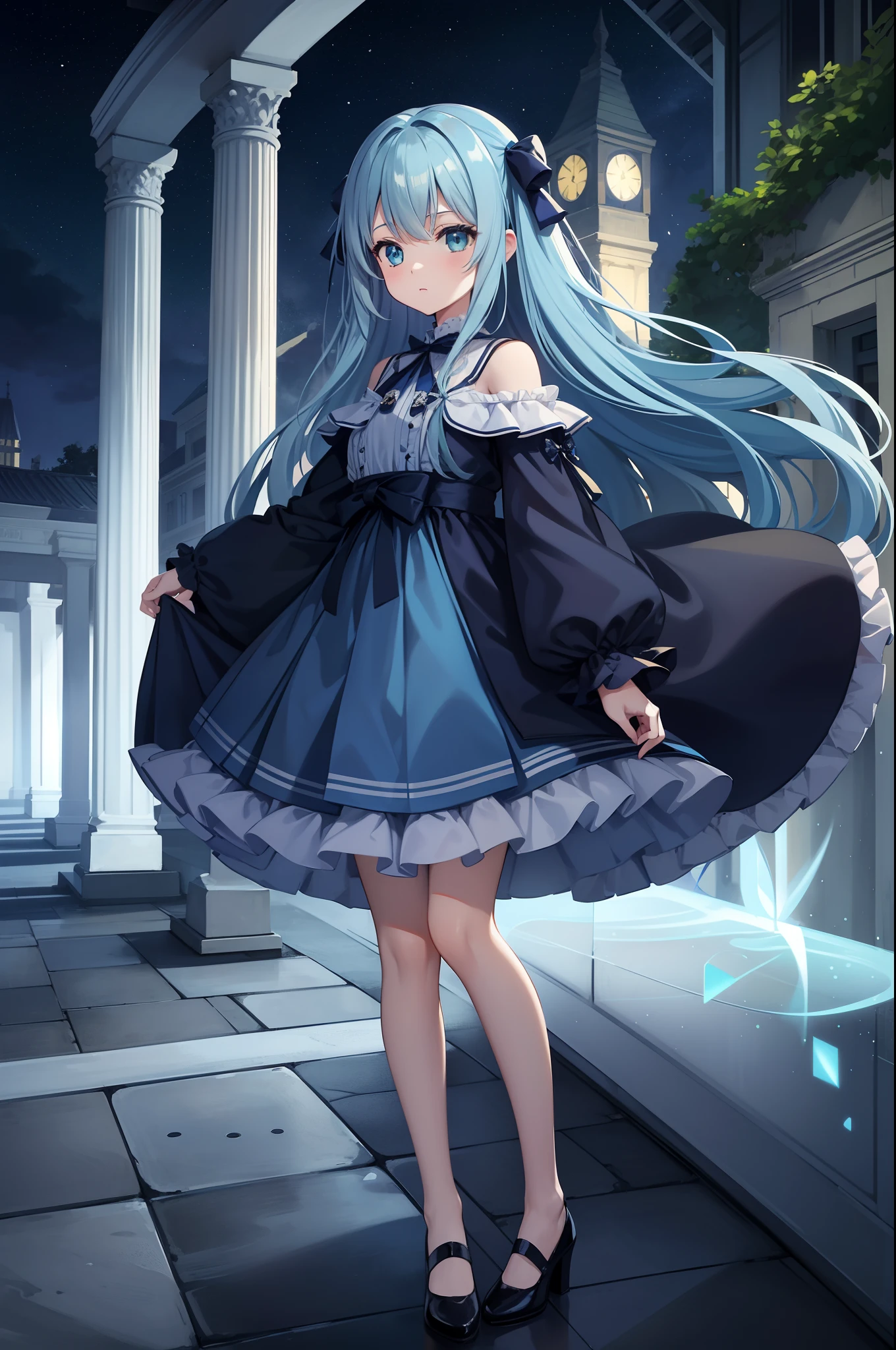 1 girl in、Blue Long Hair、Twin-tailed、Green eyes、evening、Drawn from a specific angle、Looking at the camera、delicate finger、beautiful ilumination、fuffy dress、Navy blue skirt,Outdoor scene in the background、(High resolution of the highest quality)、((Masterpieces of the highest quality:1.2))