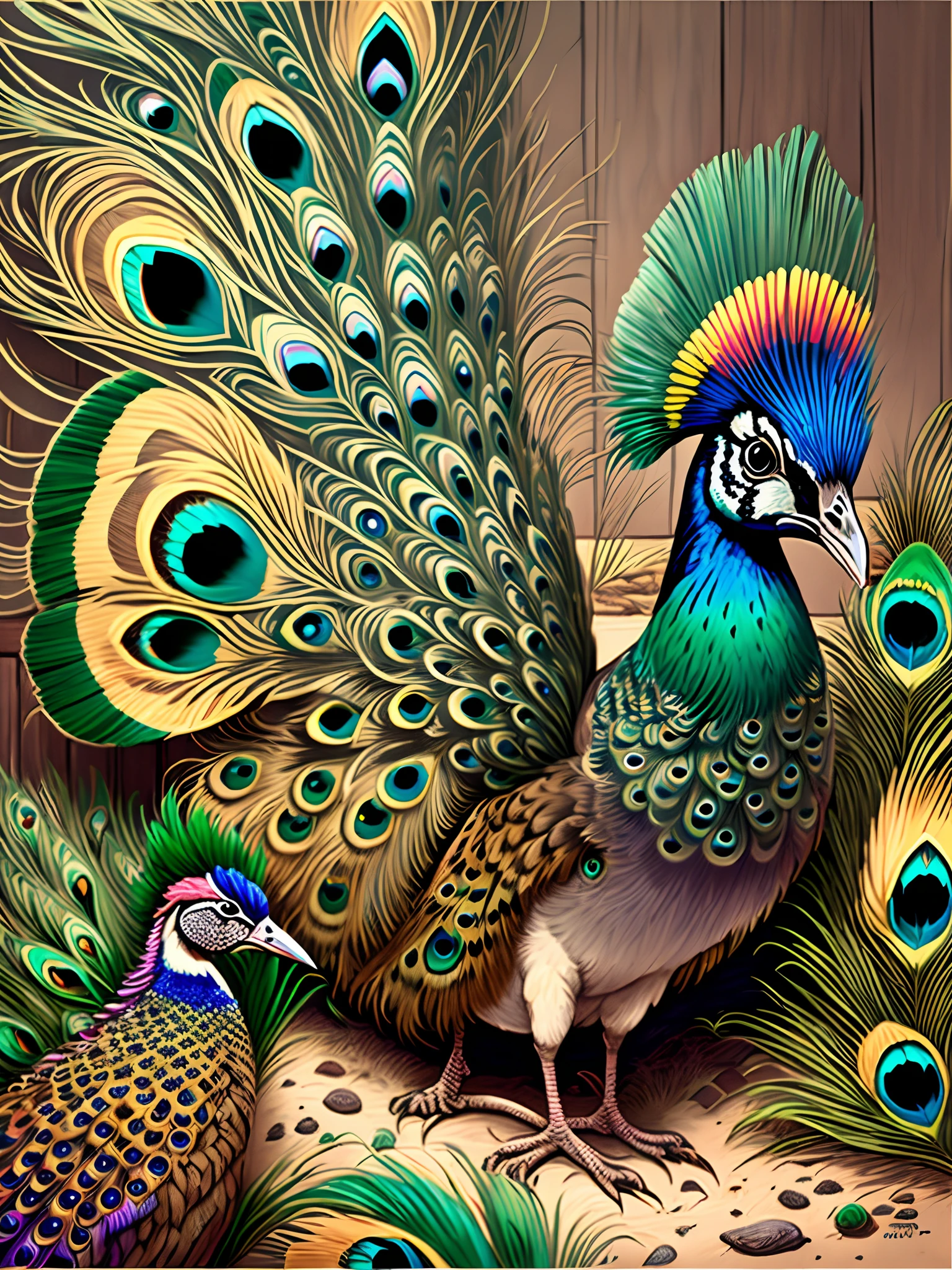 Please create a captivating cartoon-style image for a children's book. The image should depict the main character, a peacock, who has stunning, bright, and beautiful multicolored feathers fanning out majestically. However, the peacock appears to be feeling shy or self-conscious about its own feathers and is trying to hide or disguise them in a comical manner. We want the image to have a caricatured and cartoonish style, much like the drawings in DC Comics, with bold lines and vibrant, eye-catching colors. Ensure that the peacock is the central focus of the image, and that the multicolored feathers are depicted vividly, showcasing their beauty and splendor. Additionally, include six other peacocks in the background of the image, portraying them with simpler plumage to provide context for the scene. Please remember that this image should be suitable for -year-child--s2