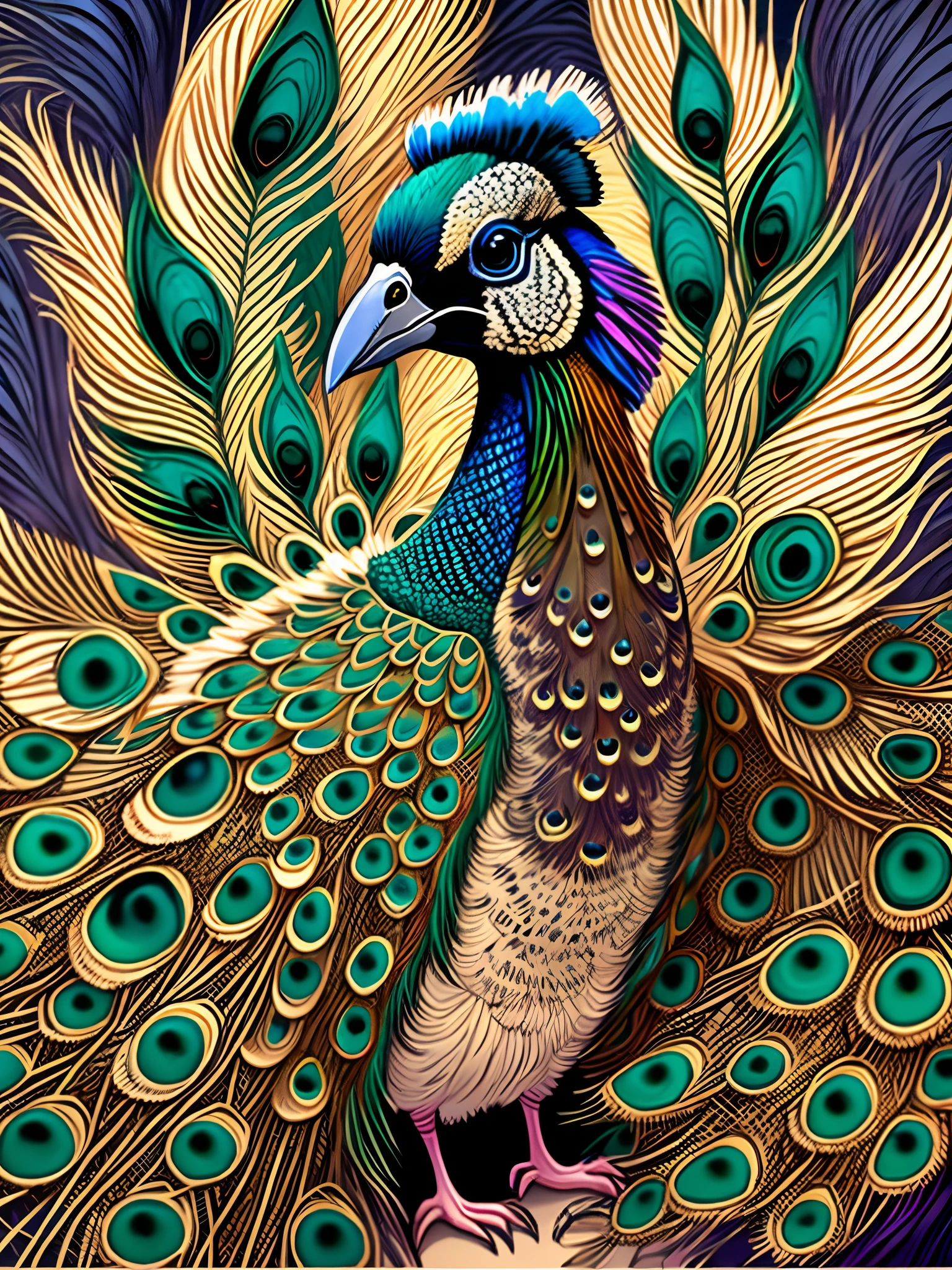 Please create a captivating cartoon-style image for a children's book. The image should depict the main character, a peacock, who has stunning, bright, and beautiful multicolored feathers fanning out majestically. However, the peacock appears to be feeling shy or self-conscious about its own feathers and is trying to hide or disguise them in a comical manner. We want the image to have a caricatured and cartoonish style, much like the drawings in DC Comics, with bold lines and vibrant, eye-catching colors. Ensure that the peacock is the central focus of the image, and that the multicolored feathers are depicted vividly, showcasing their beauty and splendor. Additionally, include six other peacocks in the background of the image, portraying them with simpler plumage to provide context for the scene. Please remember that this image should be suitable for seven-year-old children. --auto --s2