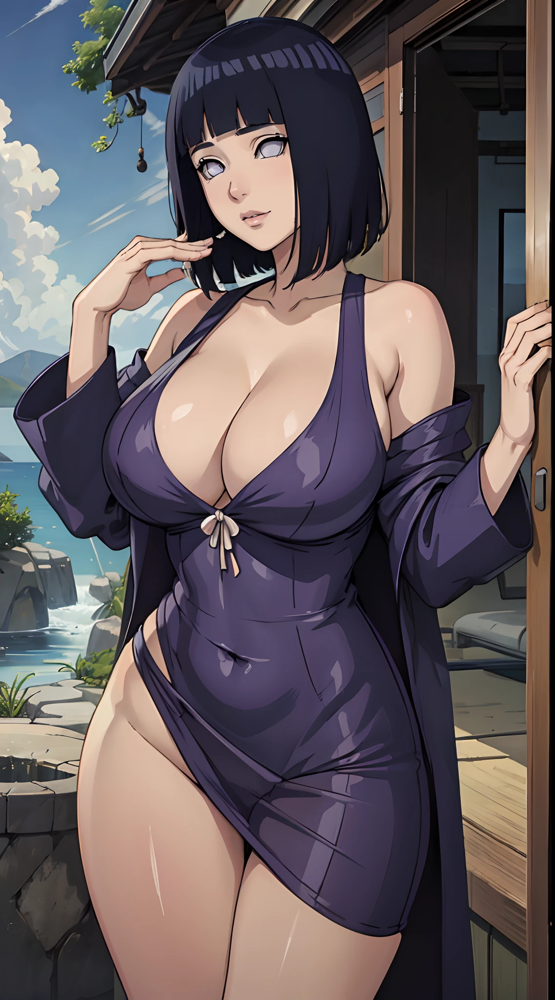 (best quality:1.3), hinata hyuga, busty, cleavage, seductive, sexy, curvy body, blue sky