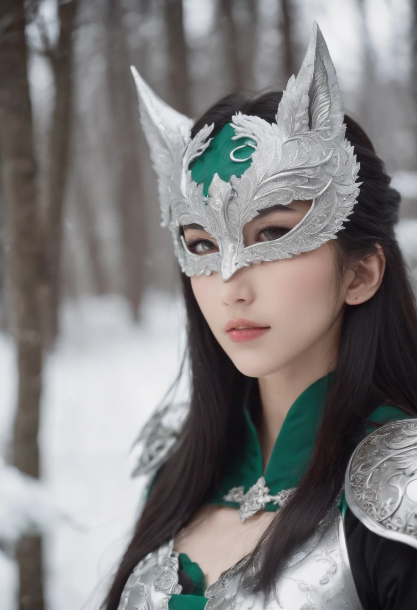 19-year-old Japanese girl, white complexion, emerald green eyes, long black hair, with silver armor, elegant bearing, a silver wolf-shaped mask that covers half of the face, in a cold environment with snow and wind, style anime