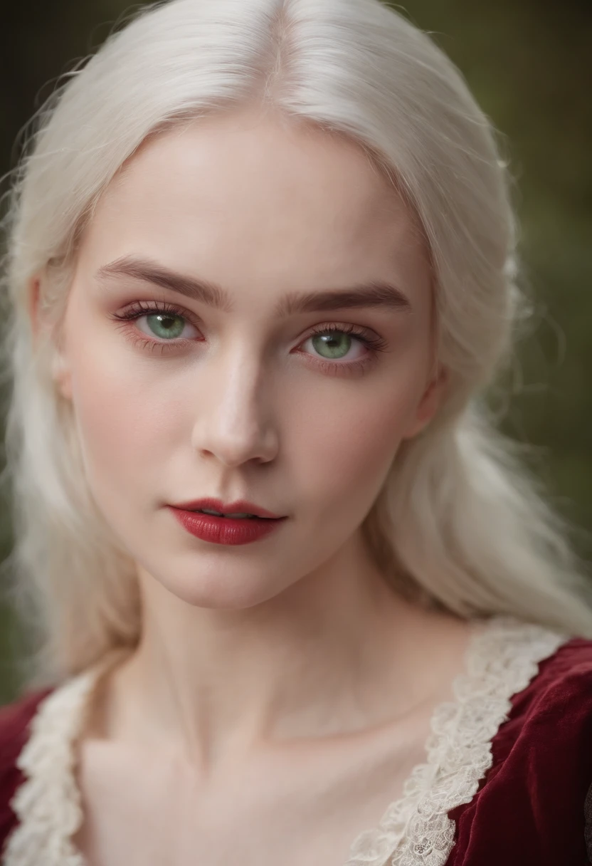 (((a deep reddish wound crosses her left cheek))) fair complexion, woman around 19 years old, natural white hair, distinctive green eyes, wearing kohl, slender and graceful, beautiful, candlelight in a medieval setting, ultra sharp focus, realistic shot, medieval female clothes, tetradic colors (scar:1.4)