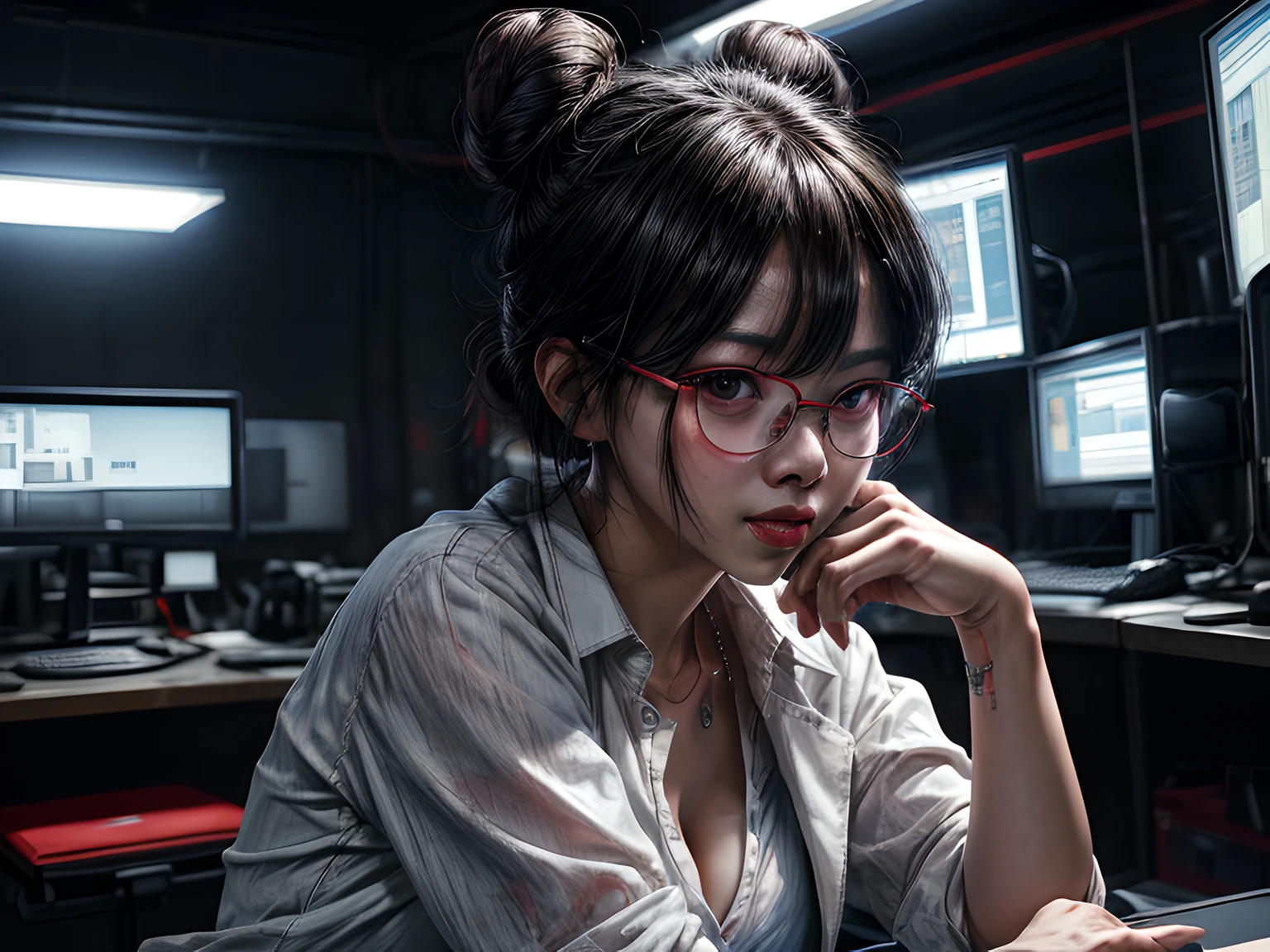 photograph, RAW, Best Detailed, picture of a tech wizard, there is a woman sitting working on the commuters in a large room, with 4 computer screens, all showing souce codes,  she  has the best computer equipment, she sits in a high tech room, she has black hair in a bun, she wears headset, and microphone, rimmed glasses, wearing white shirt, wearing red skirt, wearing high heels, high tech laboratory background, ultra best realistic, best details, best quality, 16k, [ultra detailed], masterpiece, best quality, (extremely detailed), ultra wide shot, photorealism, depth of field, hyper realistic painting,