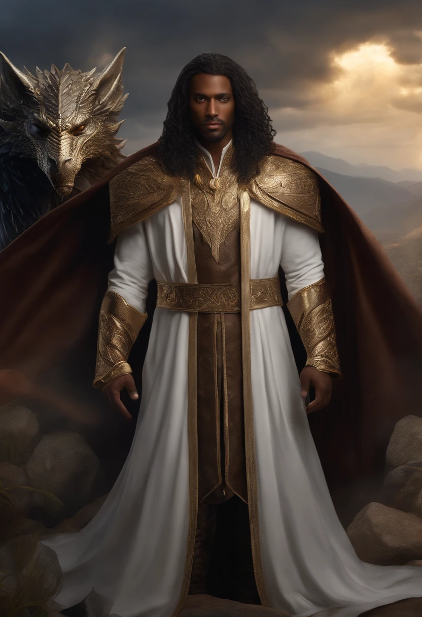(realistic, best quality, 4k, highres), portrait, fantasy character, man with golden eyes, dark brown skin, flowing hair, wearing a fantasy costume consisting of a robe and cloak. The artwork should showcase intricate details with a serious expression on the man's face. Include a black dragon in the background, and ensure the full body of the character is visible.