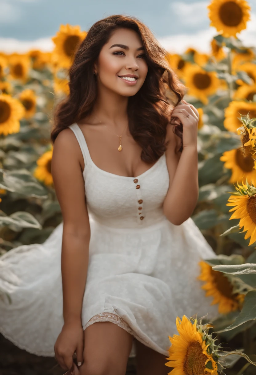 black hair, solo woman, long white dress, portrait, longeyelashes, light smile,brown eyes, cinematic lighting, 8k, super detail, ccurate, best quality, high details, textured skin, anatomically correct, masterpiece, retina, high quality, long curly hair, flowing massive hair, textured skin, running in the middle of a sunflowers field