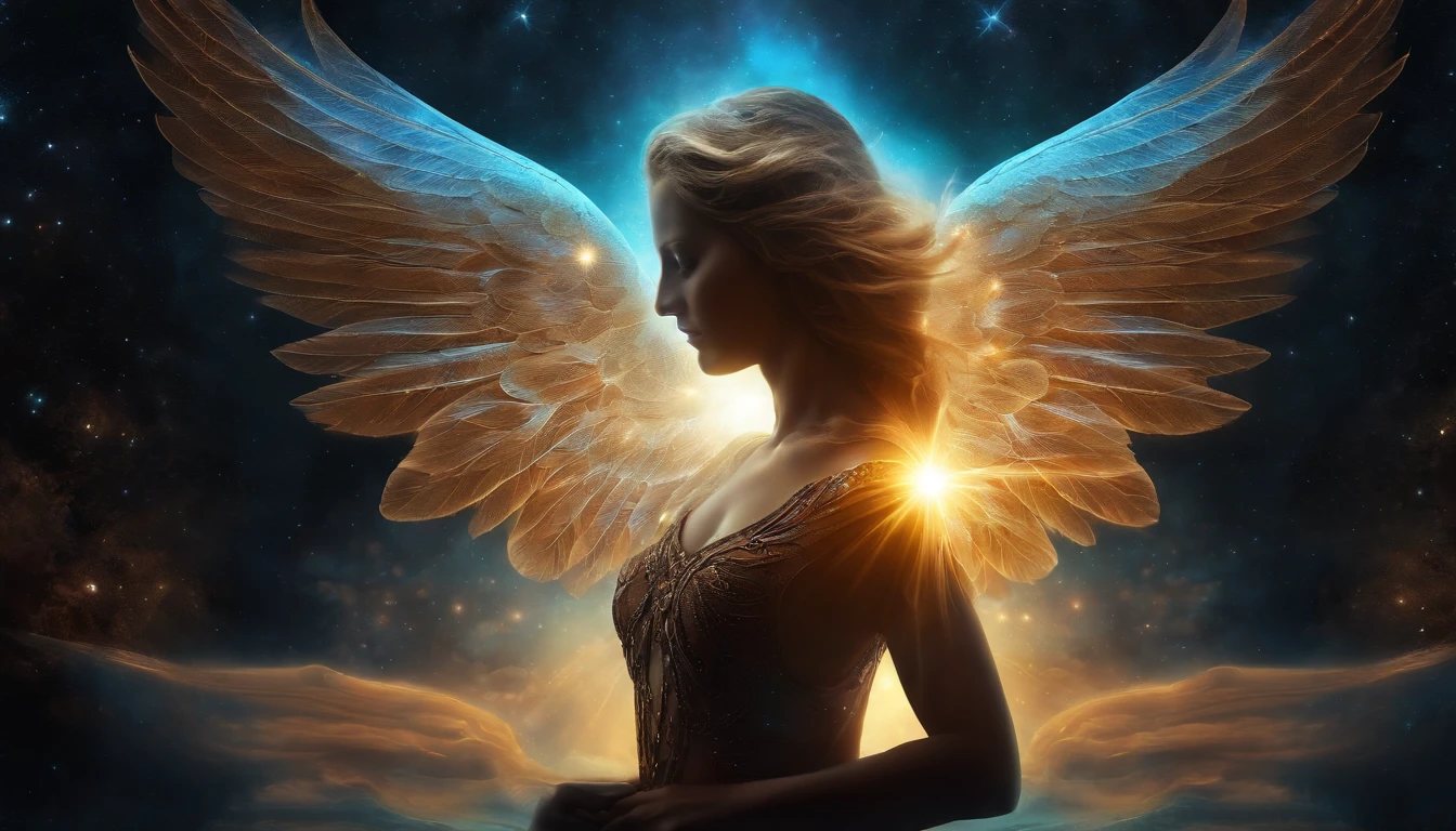 Cosmic Fallen Angel Binaural Healing Meditation: Restore Your Inner Harmony, glowing light eyes, Biomechanical, eerie, Creepy, nightmarish, Very bright colors, Light particles, with light glowing, Mshiff, wallpaper art, UHD wallpaper