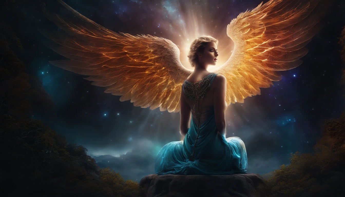 Cosmic Fallen Angel Binaural Healing Meditation: Restore Your Inner Harmony, glowing light eyes, Biomechanical, eerie, Creepy, nightmarish, Very bright colors, Light particles, with light glowing, Mshiff, wallpaper art, UHD wallpaper